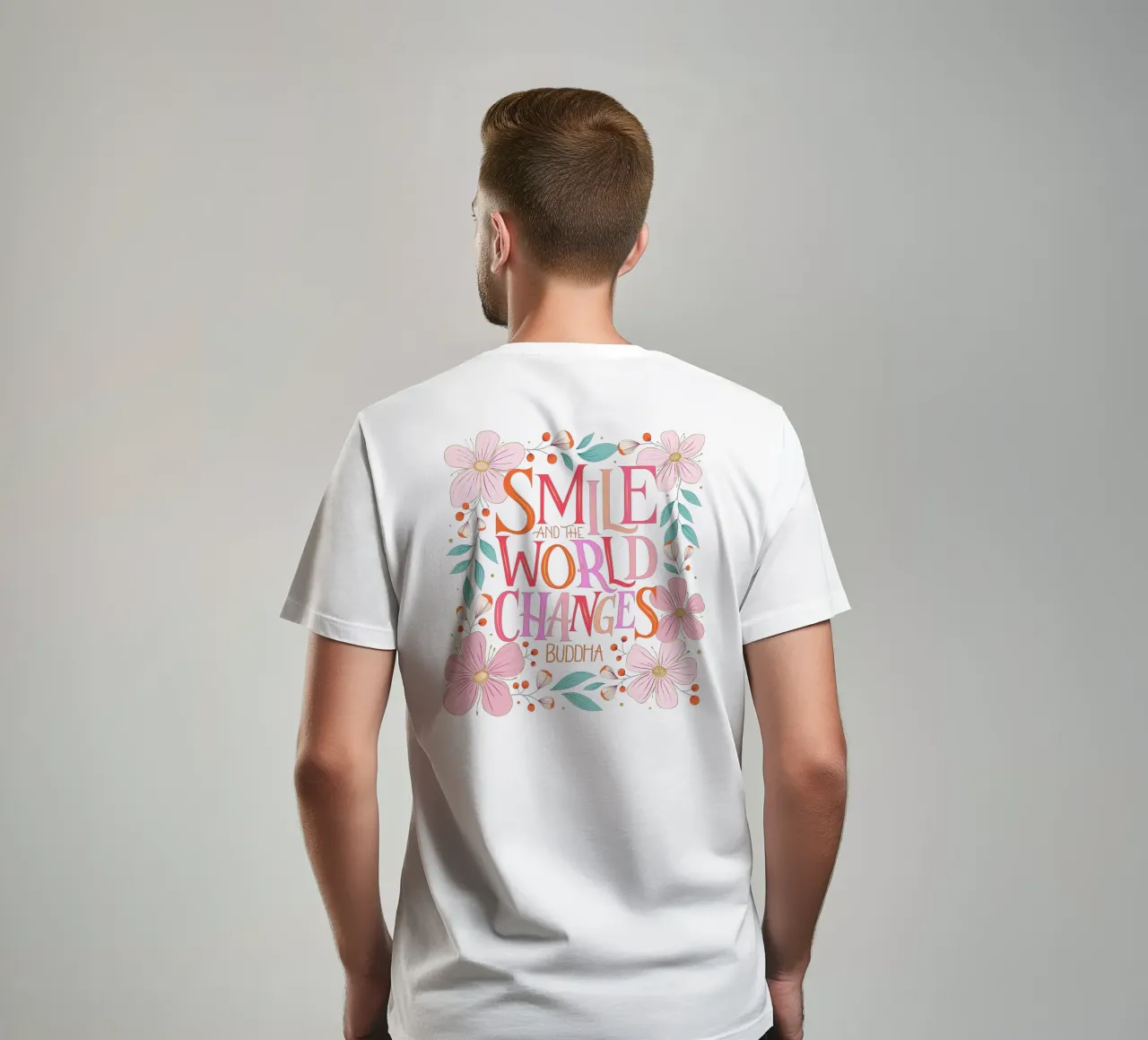 Sorridi e il mondo cambia. Zitat. Fiori e scritte t-shirt da CalliLetters