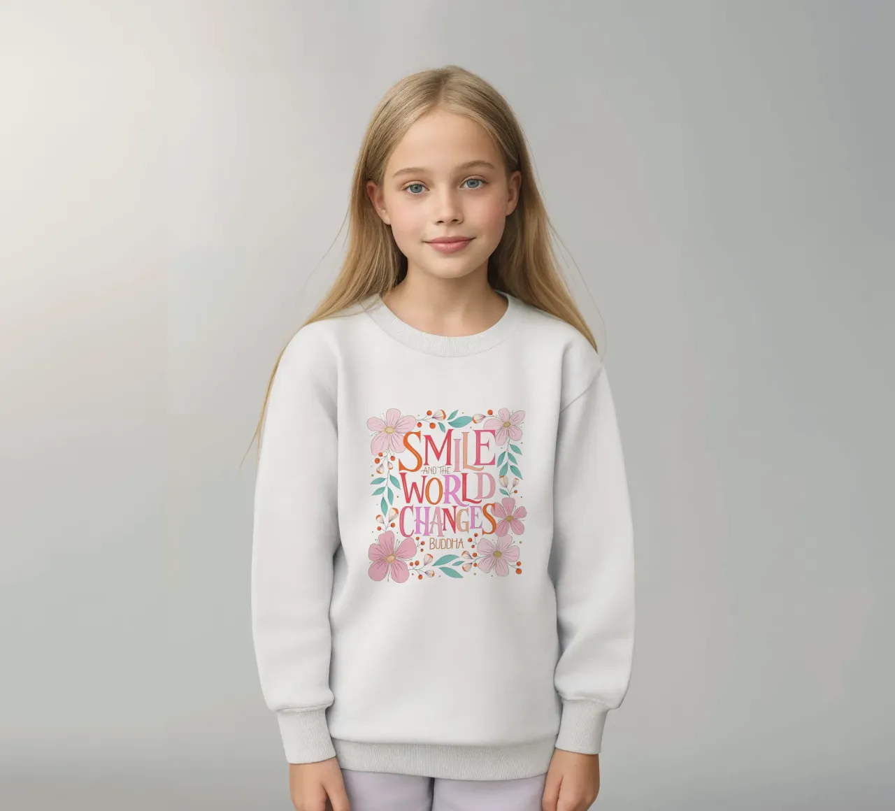Sorridi e il mondo cambia. Zitat. Fiori e scritte felpa bambino da CalliLetters