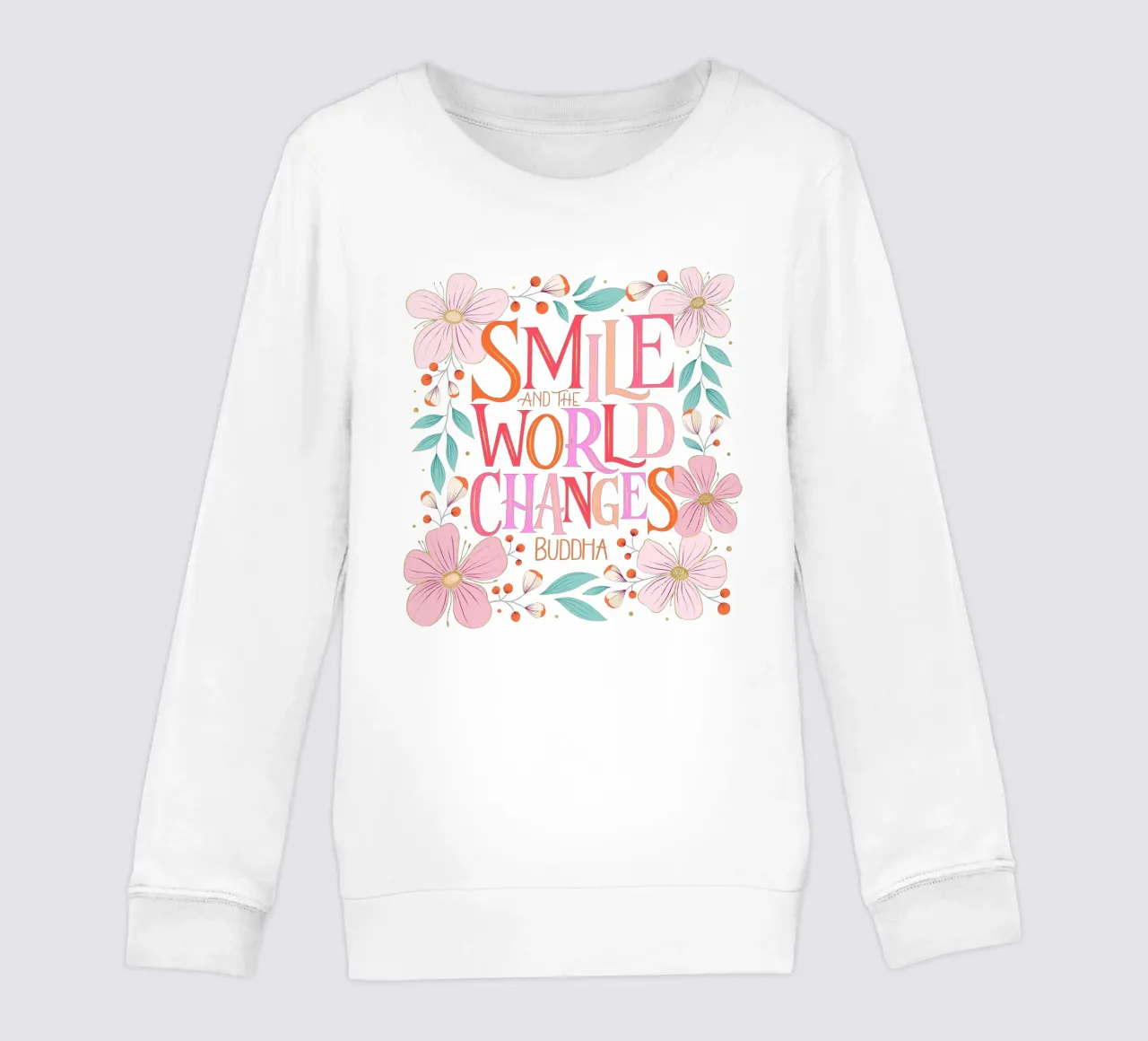 Sorridi e il mondo cambia. Zitat. Fiori e scritte felpa bambino da CalliLetters