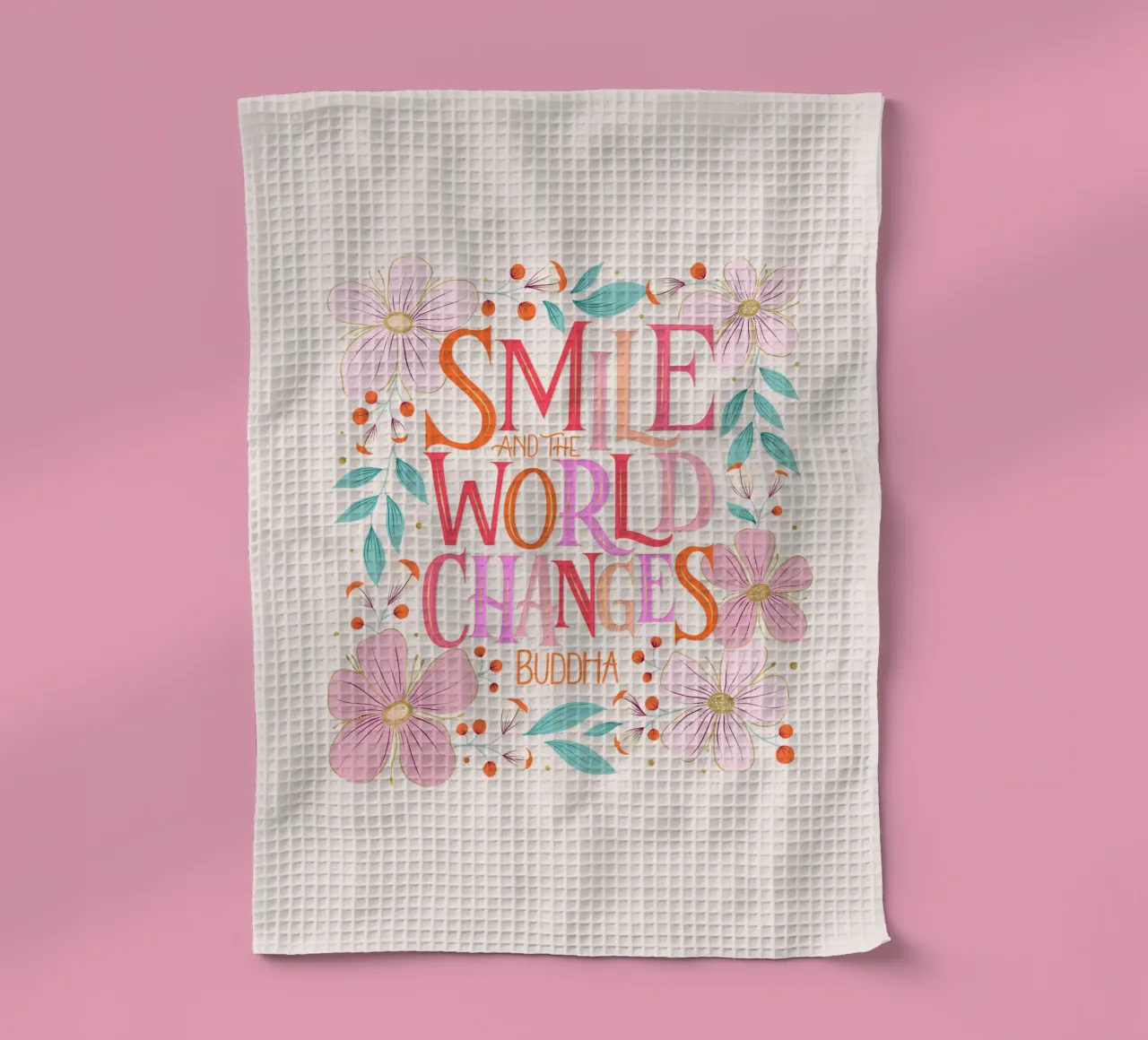 Sorridi e il mondo cambia. Zitat. Fiori e scritte canovaccio da cucina da CalliLetters