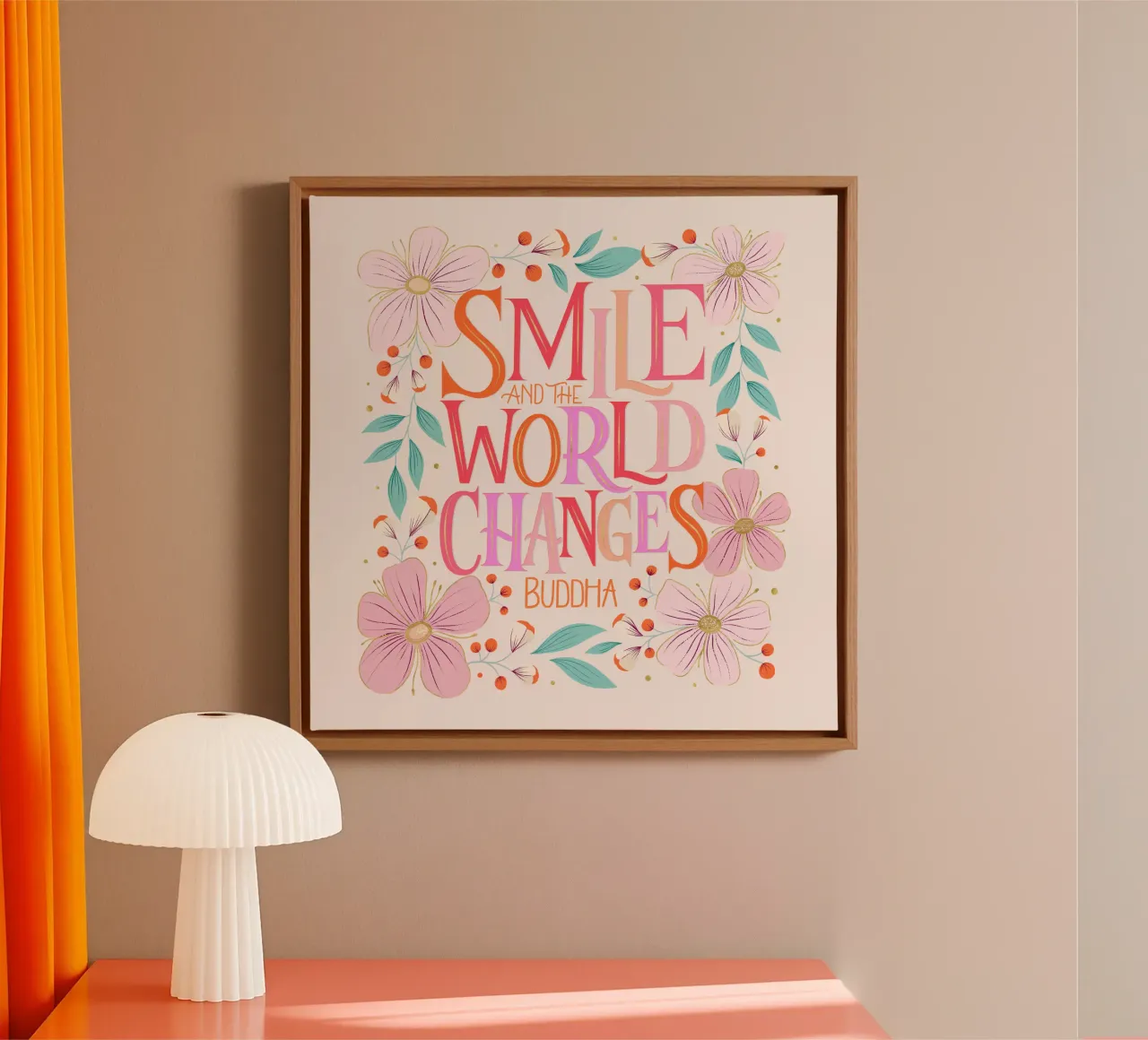 Sorridi e il mondo cambia. Zitat. Fiori e scritte tela da CalliLetters