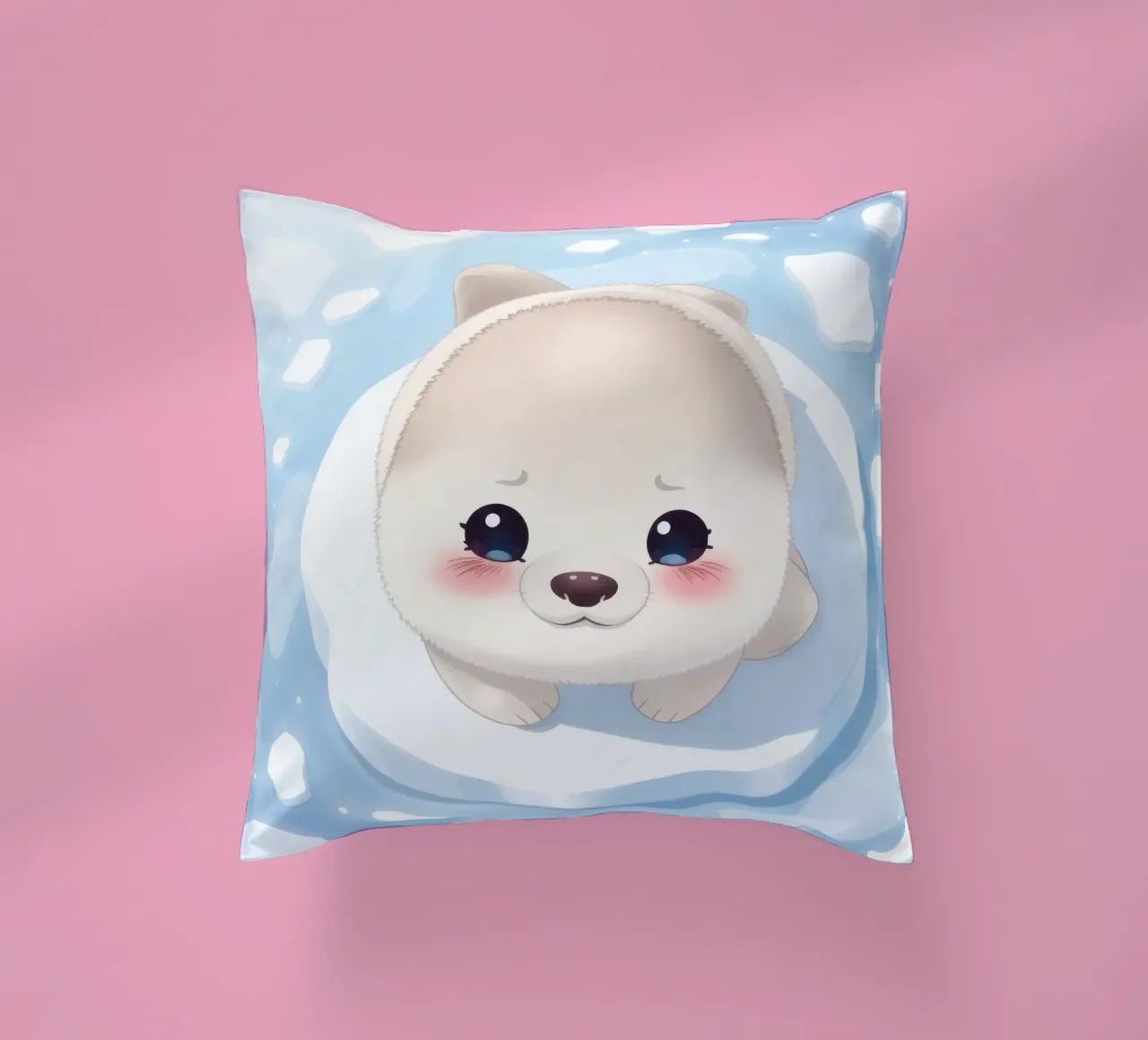 Cute animated puppy resting on an ice floe surrounded decorative cushion by DesignDoodle