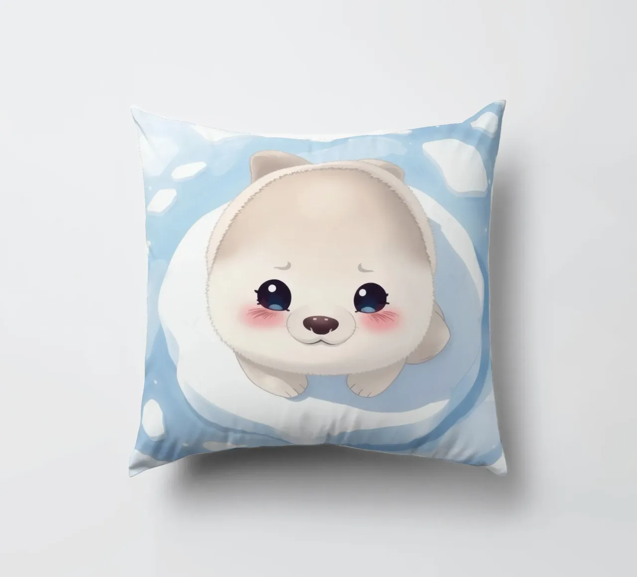 Cute animated puppy resting on an ice floe surrounded decorative cushion by DesignDoodle