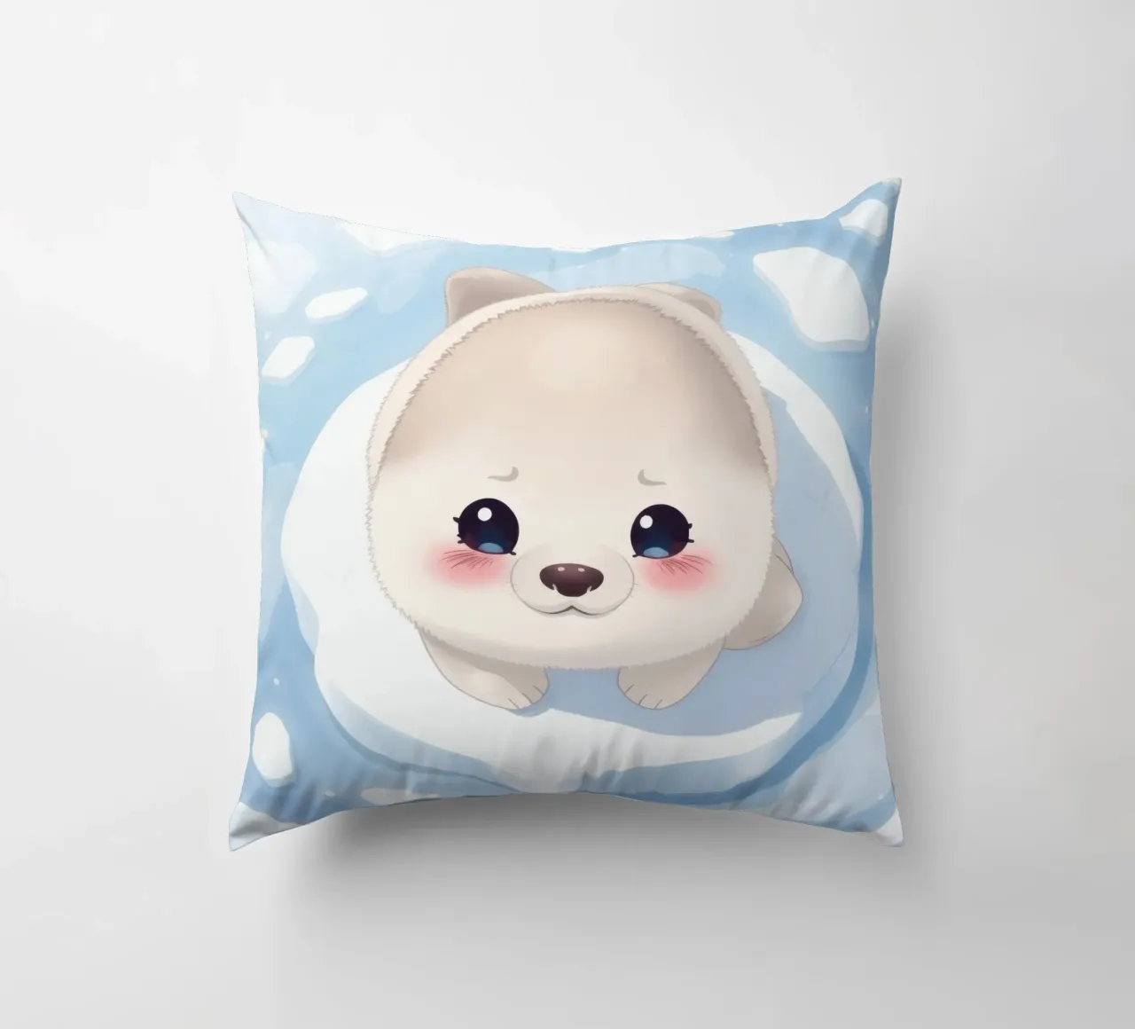 Cute animated puppy resting on an ice floe surrounded decorative cushion by DesignDoodle