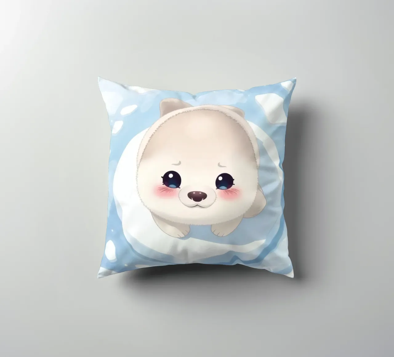 Cute animated puppy resting on an ice floe surrounded decorative cushion by DesignDoodle