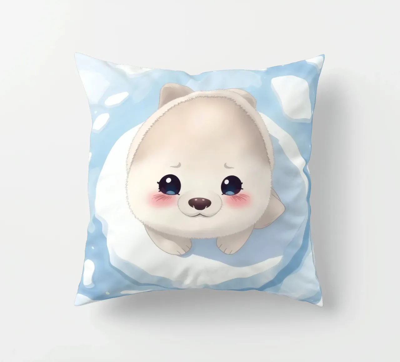 Cute animated puppy resting on an ice floe surrounded decorative cushion by DesignDoodle
