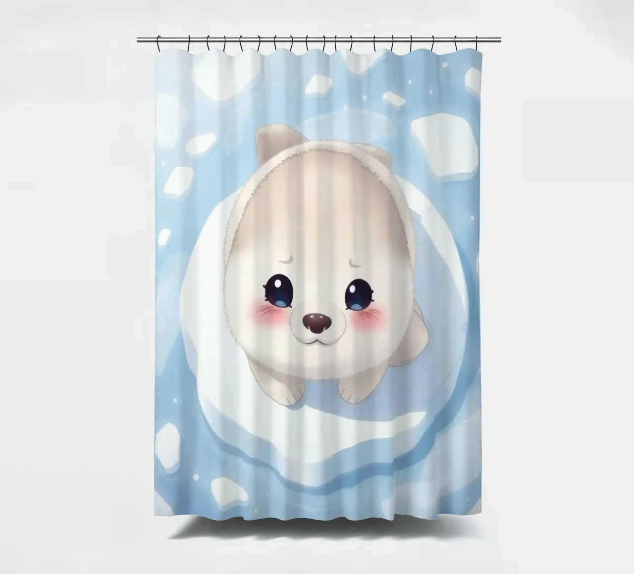 Cute animated puppy resting on an ice floe surrounded shower curtain by DesignDoodle
