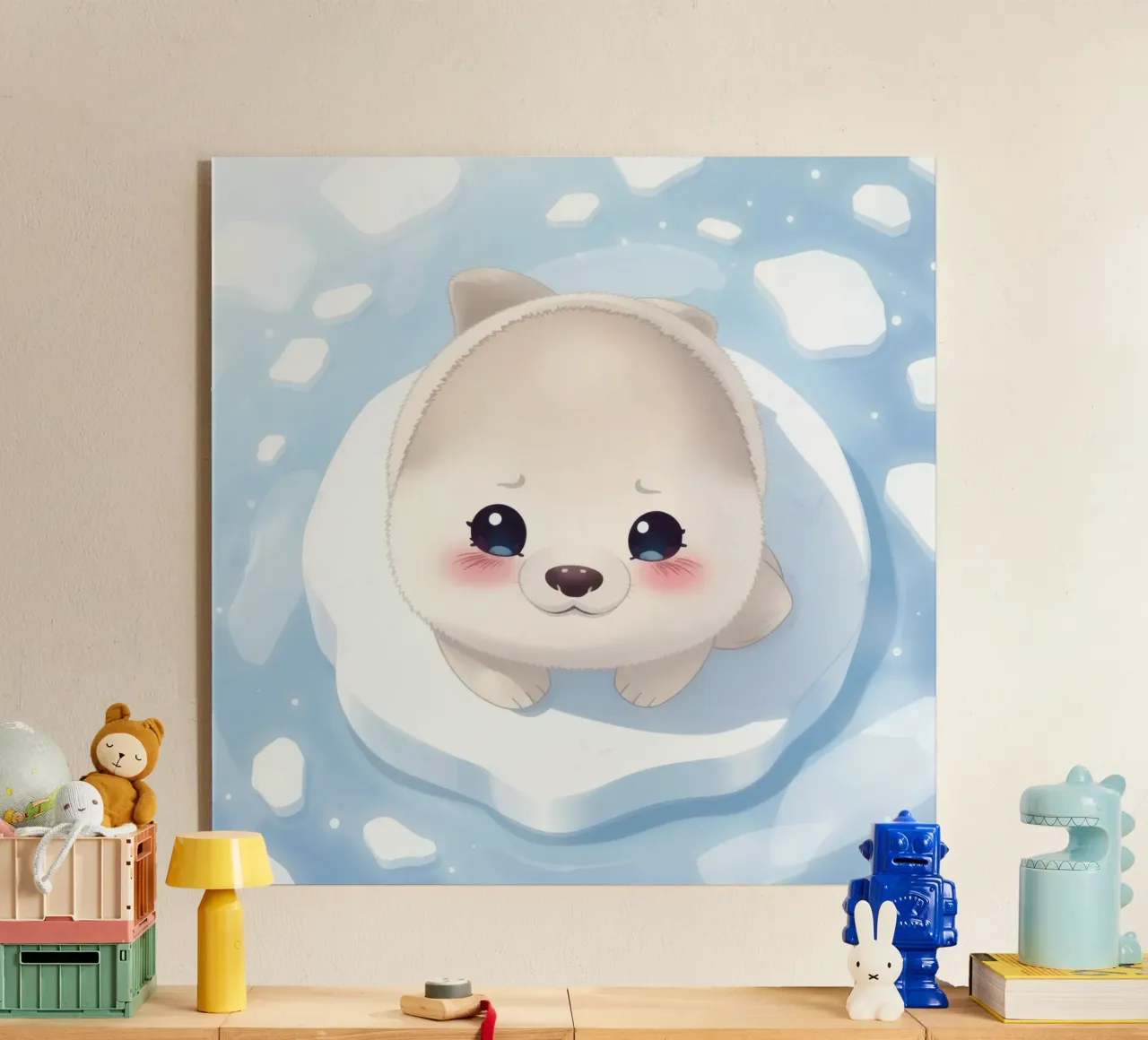 Carino il cucciolo animato che riposa su una banchisa circondata da un'isola di ghiaccio plexiglass da DesignDoodle