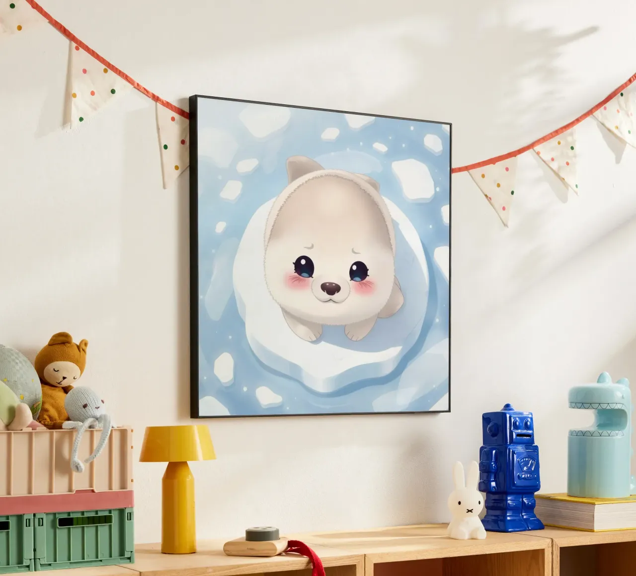 Cute animated puppy resting on an ice floe surrounded alu-dibond by DesignDoodle
