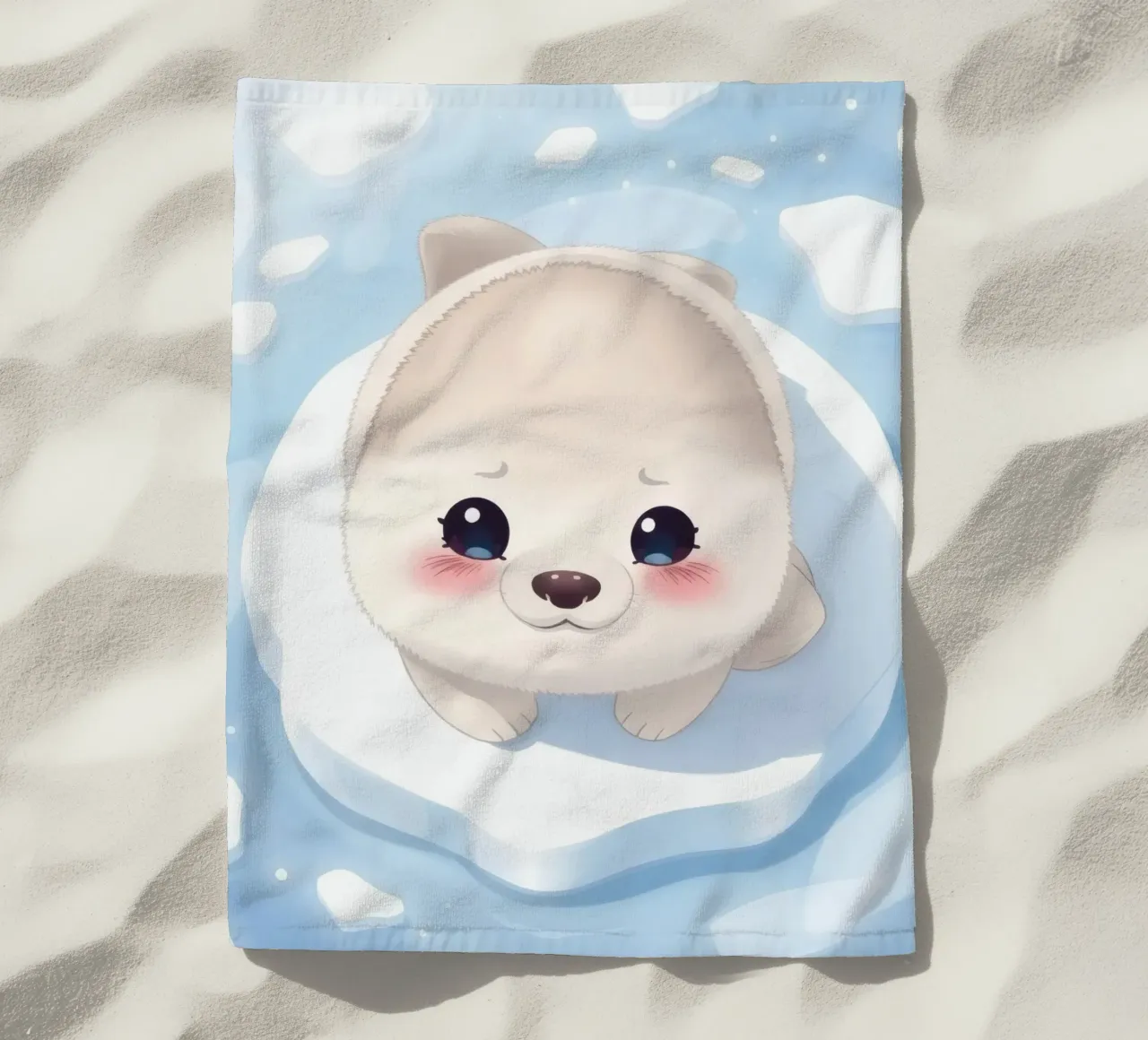 Cute animated puppy resting on an ice floe surrounded beach towel by DesignDoodle