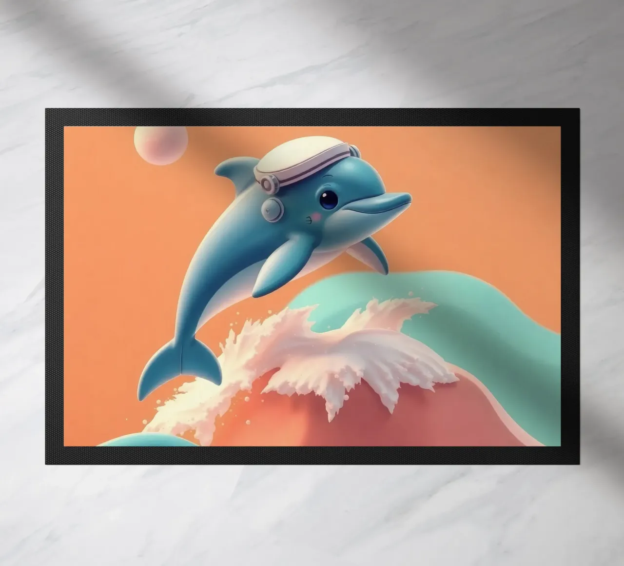 Dolphin leaps joyfully over colorful waves during sunny day doormat by DesignDoodle