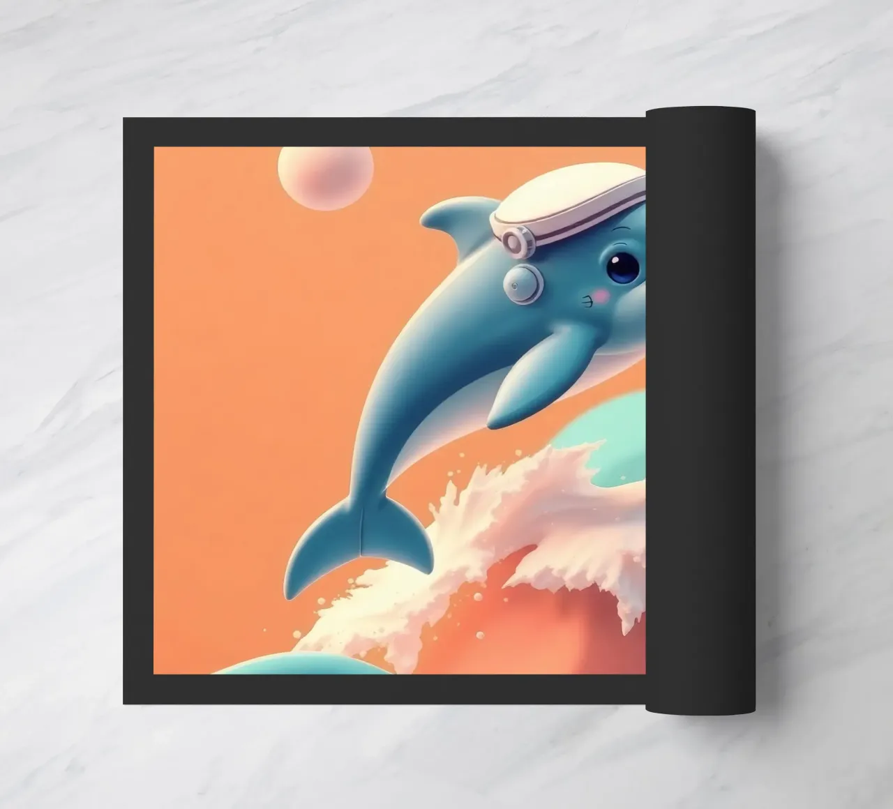 Dolphin leaps joyfully over colorful waves during sunny day doormat by DesignDoodle