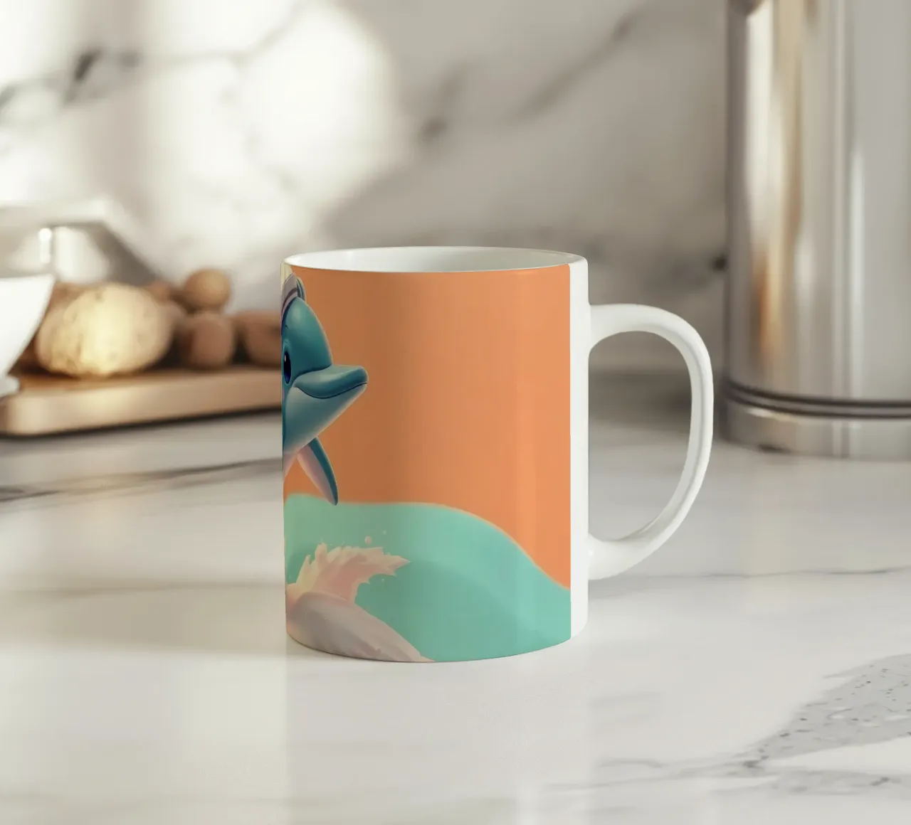Dolphin leaps joyfully over colorful waves during sunny day ceramic mug by DesignDoodle