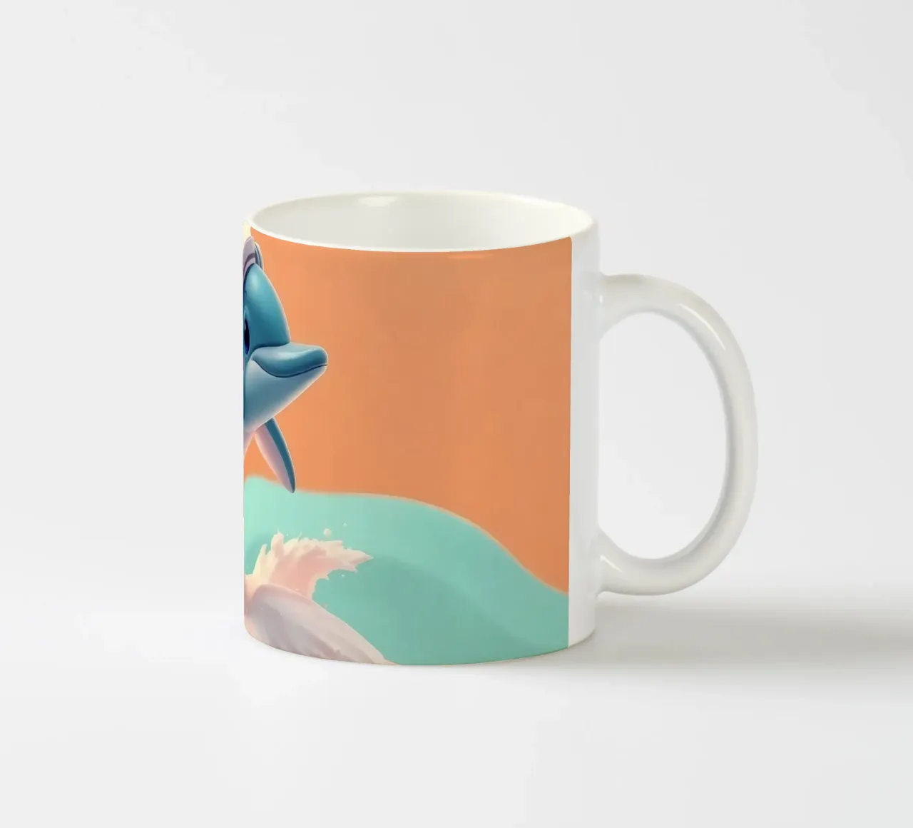Dolphin leaps joyfully over colorful waves during sunny day ceramic mug by DesignDoodle