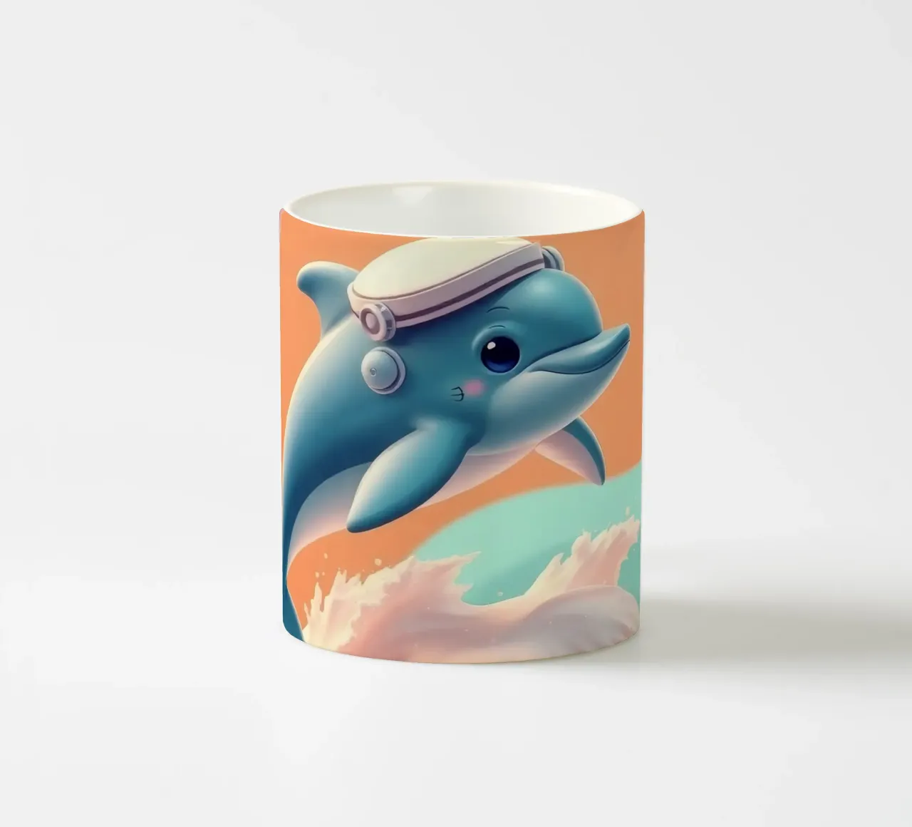 Dolphin leaps joyfully over colorful waves during sunny day ceramic mug by DesignDoodle