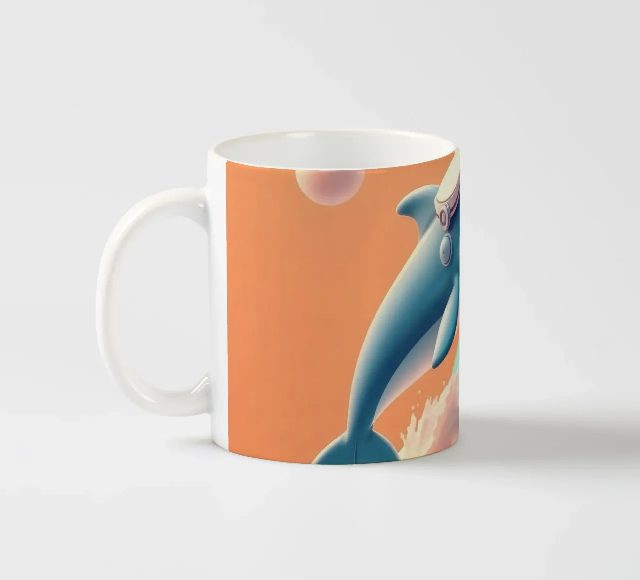 Dolphin leaps joyfully over colorful waves during sunny day ceramic mug by DesignDoodle