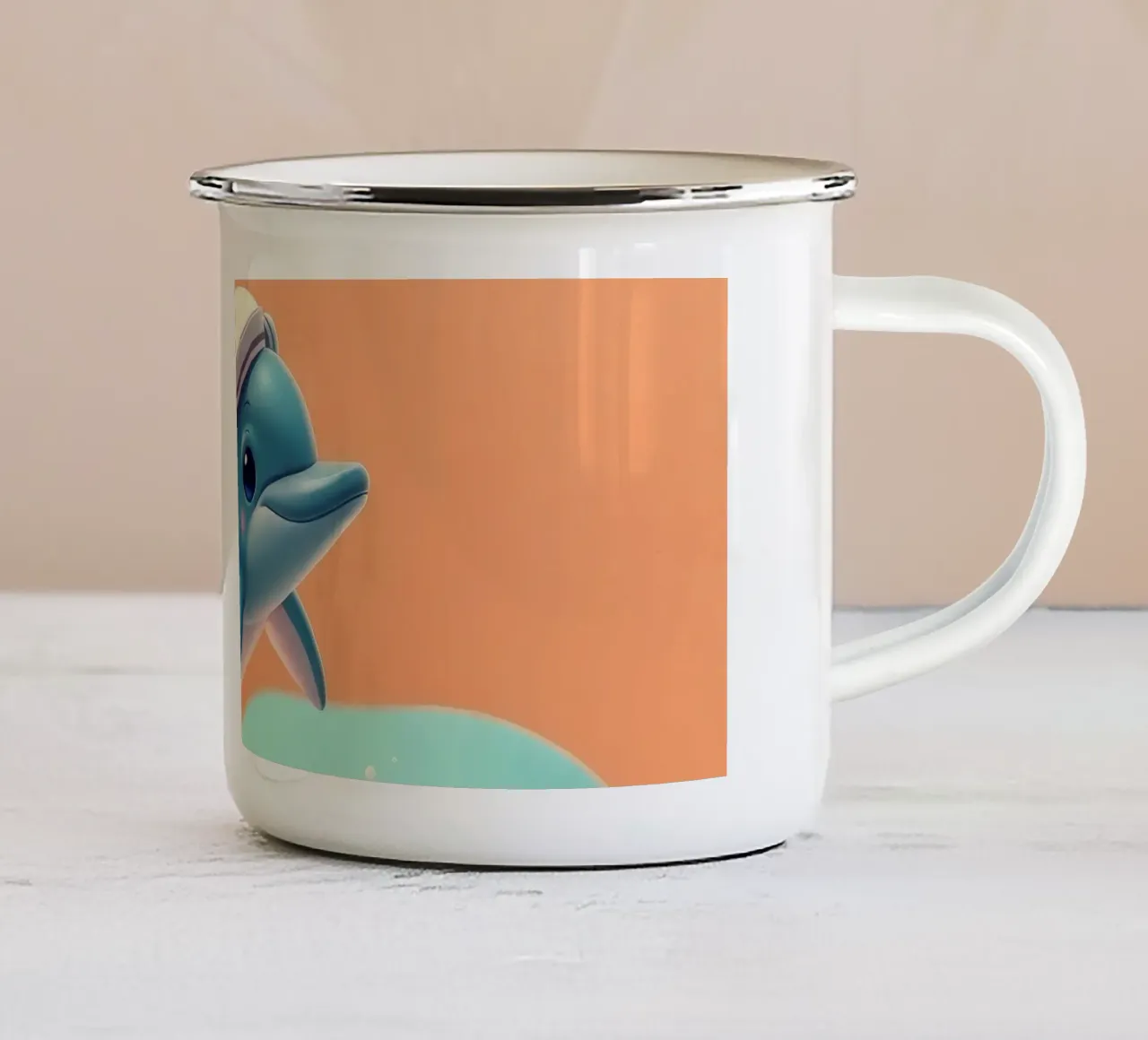 Delfino salta gioiosamente sulle onde colorate durante una giornata di sole tazza in smalto da DesignDoodle