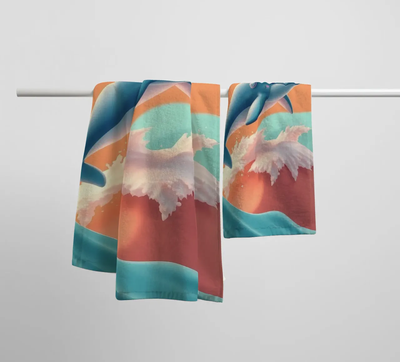 Dolphin leaps joyfully over colorful waves during sunny day towel by DesignDoodle