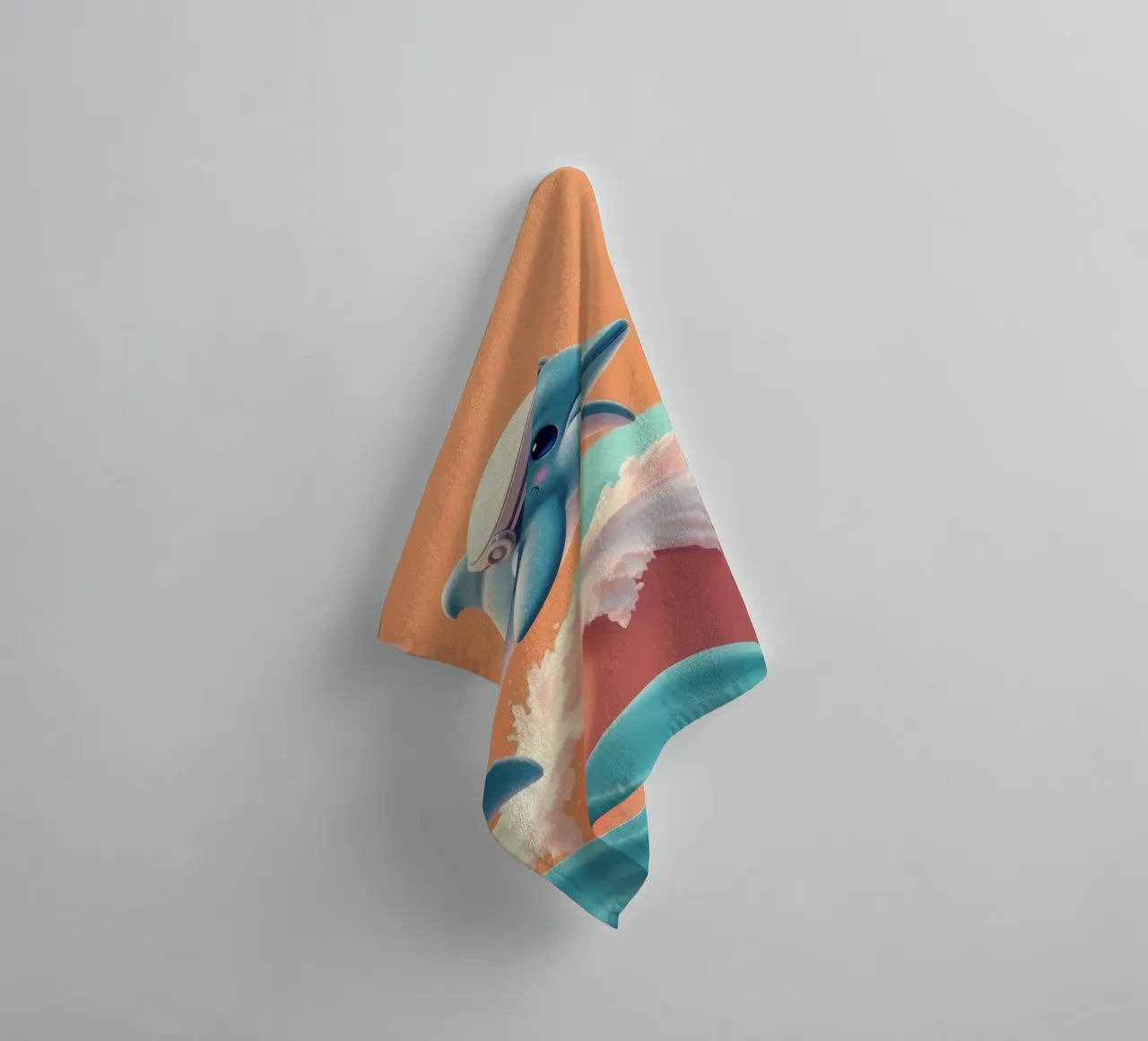 Dolphin leaps joyfully over colorful waves during sunny day towel by DesignDoodle