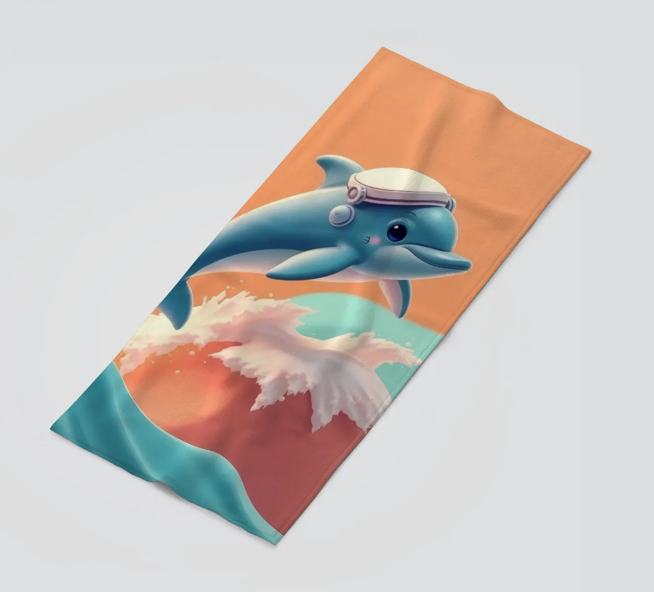 Dolphin leaps joyfully over colorful waves during sunny day beach towel by DesignDoodle
