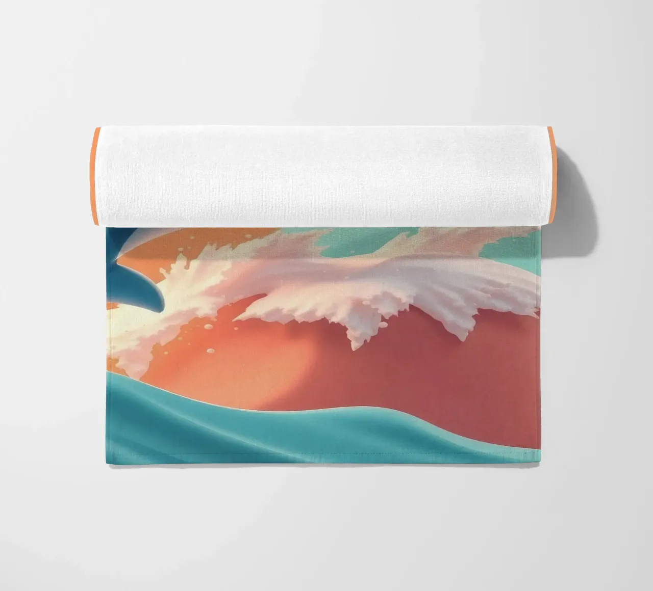 Dolphin leaps joyfully over colorful waves during sunny day beach towel by DesignDoodle