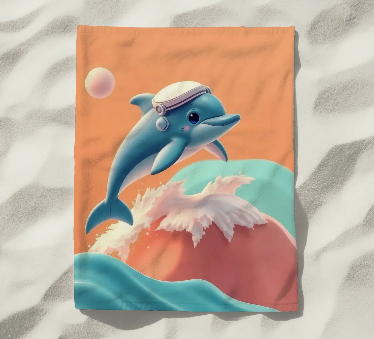 Dolphin leaps joyfully over colorful waves during sunny day beach towel by DesignDoodle