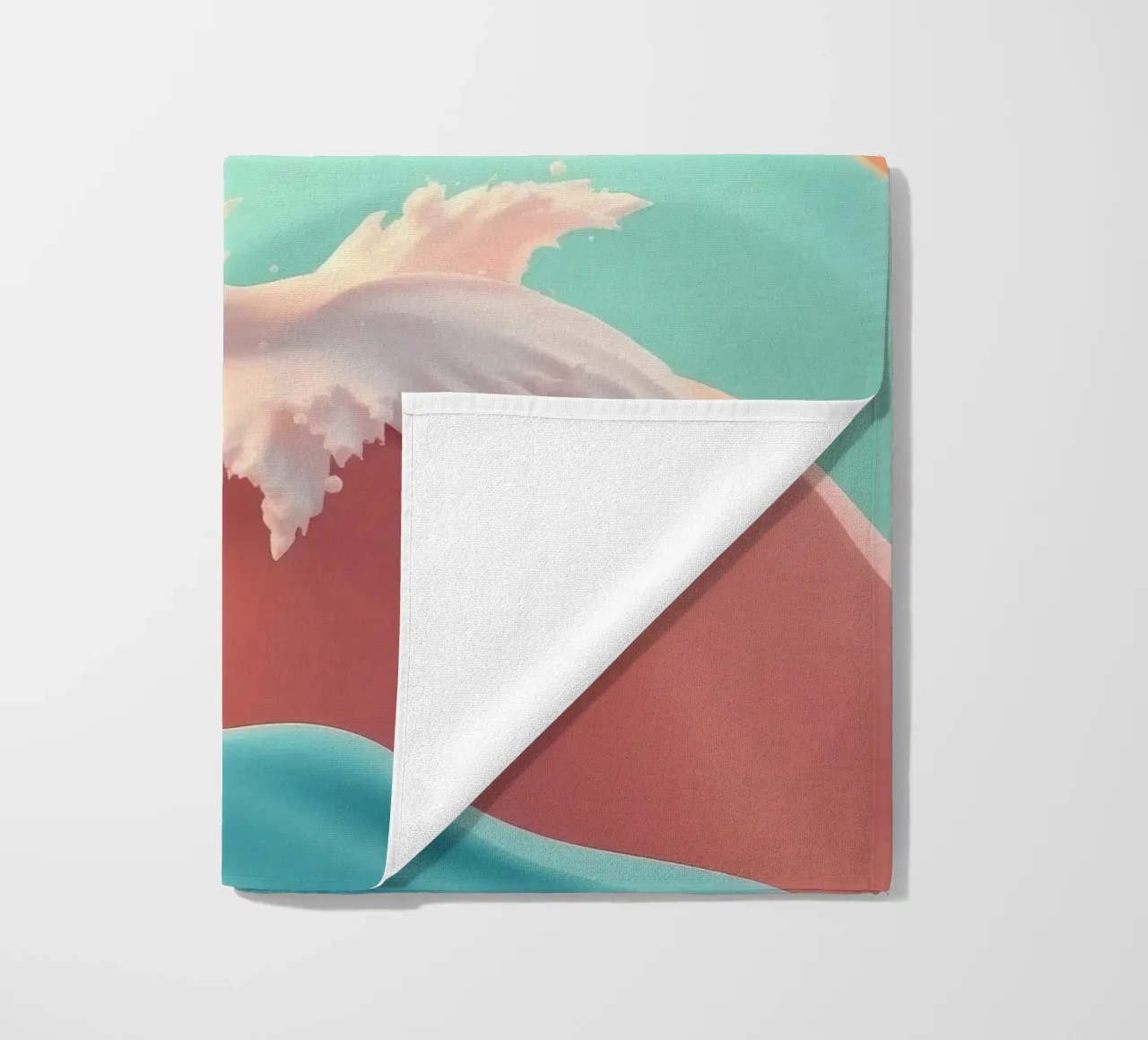 Dolphin leaps joyfully over colorful waves during sunny day beach towel by DesignDoodle
