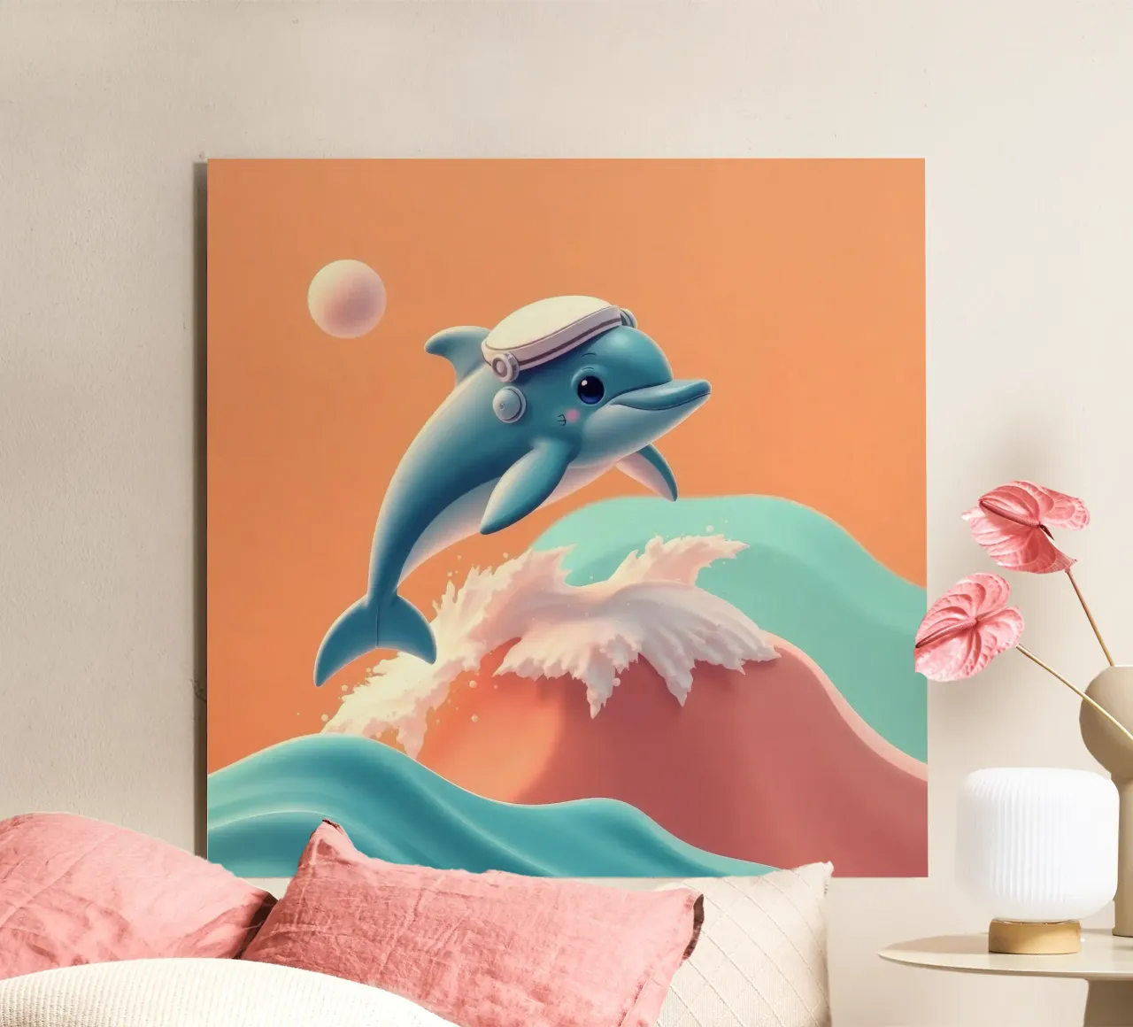 Dolphin leaps joyfully over colorful waves during sunny day alu-dibond by DesignDoodle