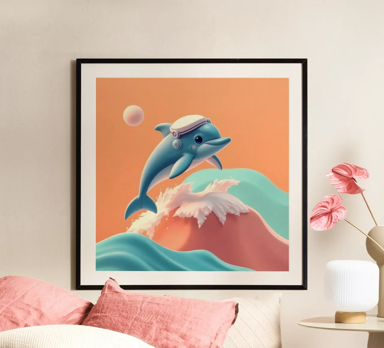 Dolphin leaps joyfully over colorful waves during sunny day hahnemühle by DesignDoodle