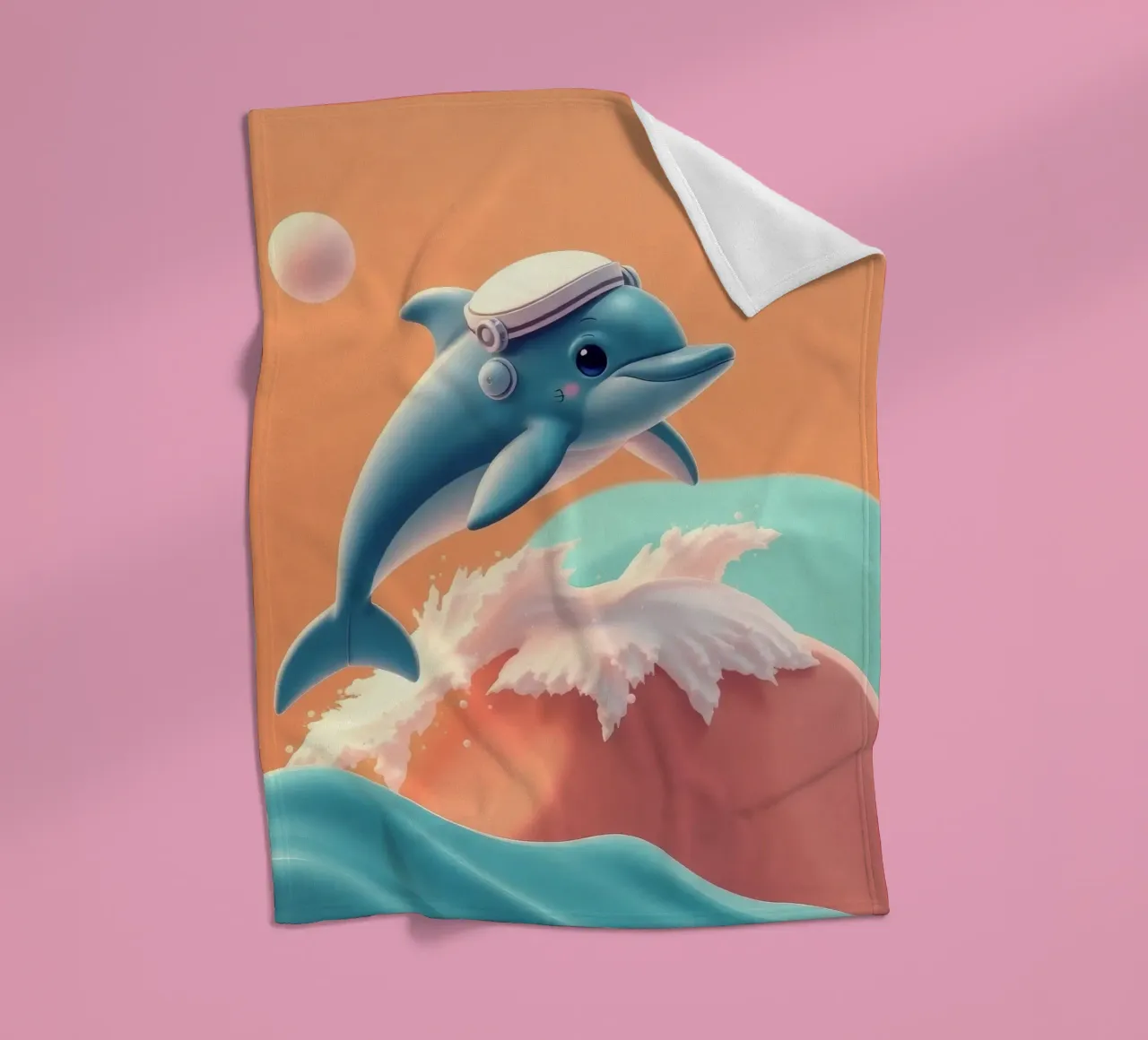 Dolphin leaps joyfully over colorful waves during sunny day fleece blanket by DesignDoodle