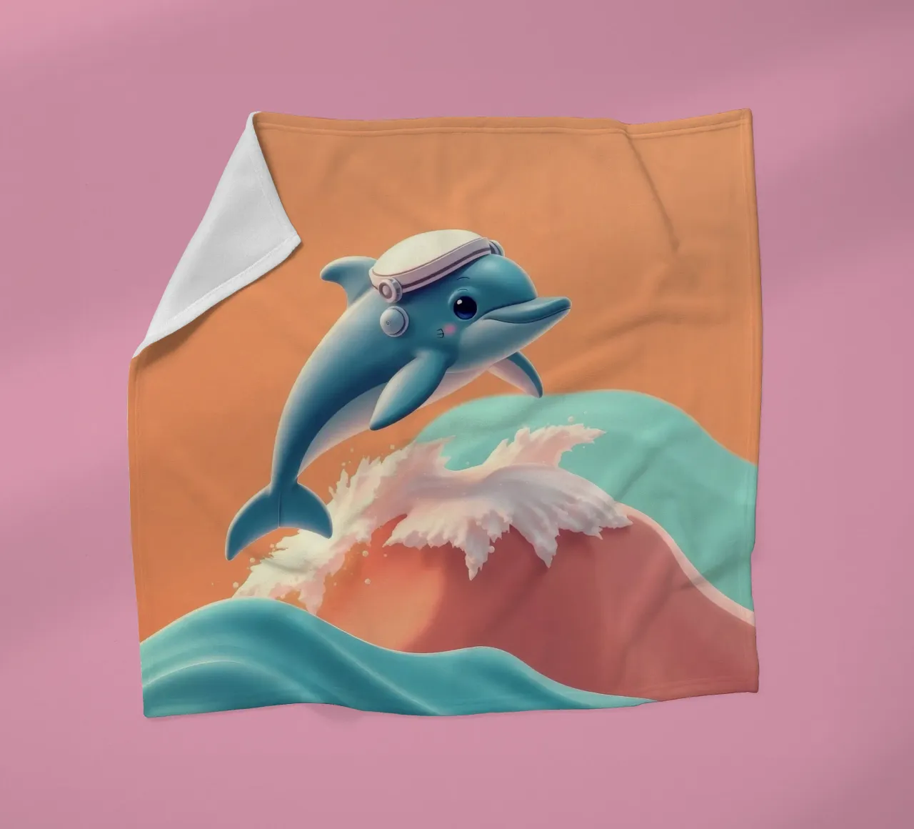 Dolphin leaps joyfully over colorful waves during sunny day fleece blanket by DesignDoodle