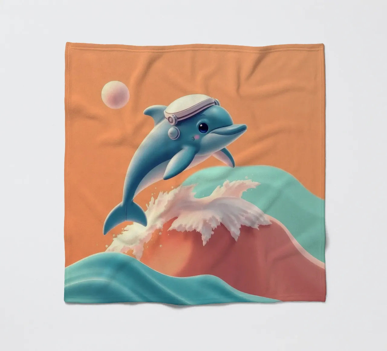 Dolphin leaps joyfully over colorful waves during sunny day fleece blanket by DesignDoodle
