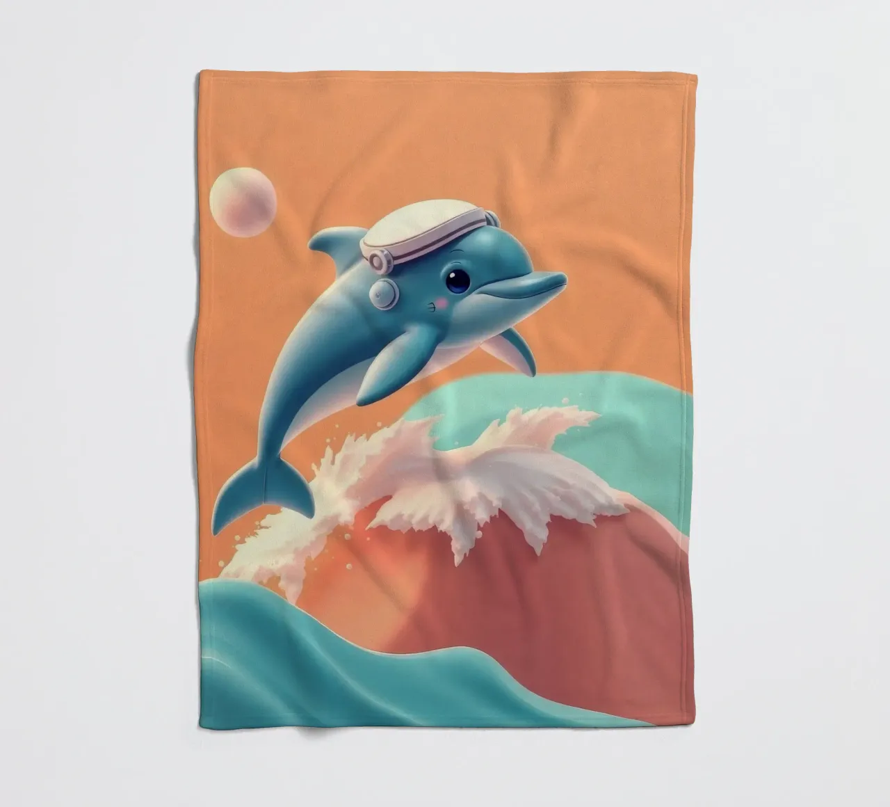 Dolphin leaps joyfully over colorful waves during sunny day fleece blanket by DesignDoodle