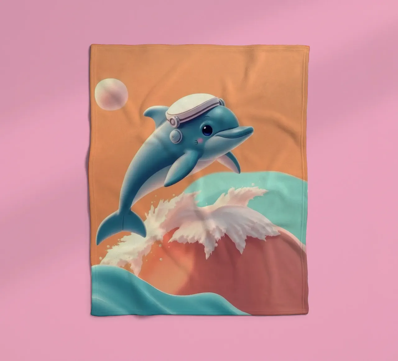 Dolphin leaps joyfully over colorful waves during sunny day fleece blanket by DesignDoodle