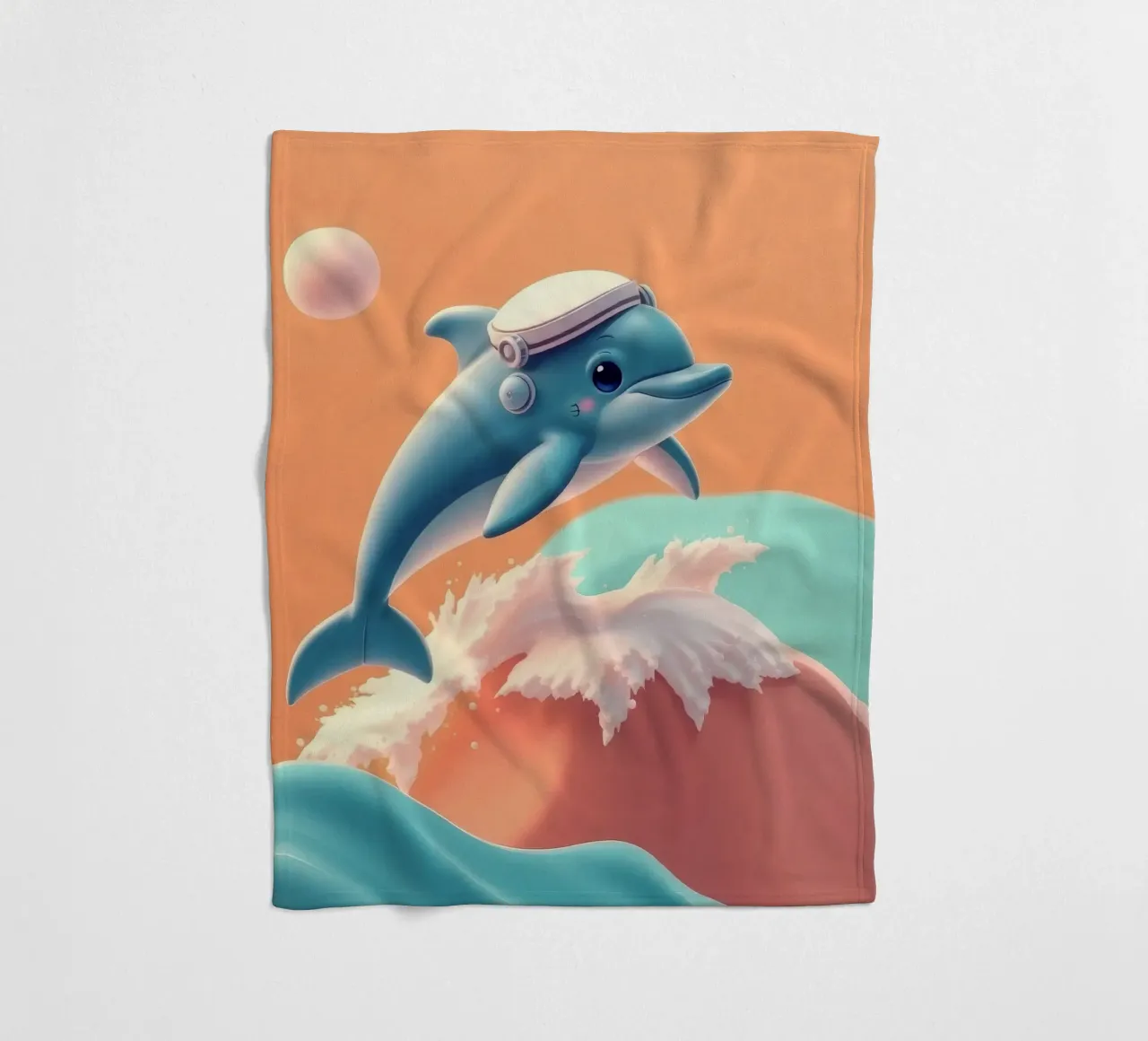 Dolphin leaps joyfully over colorful waves during sunny day fleece blanket by DesignDoodle
