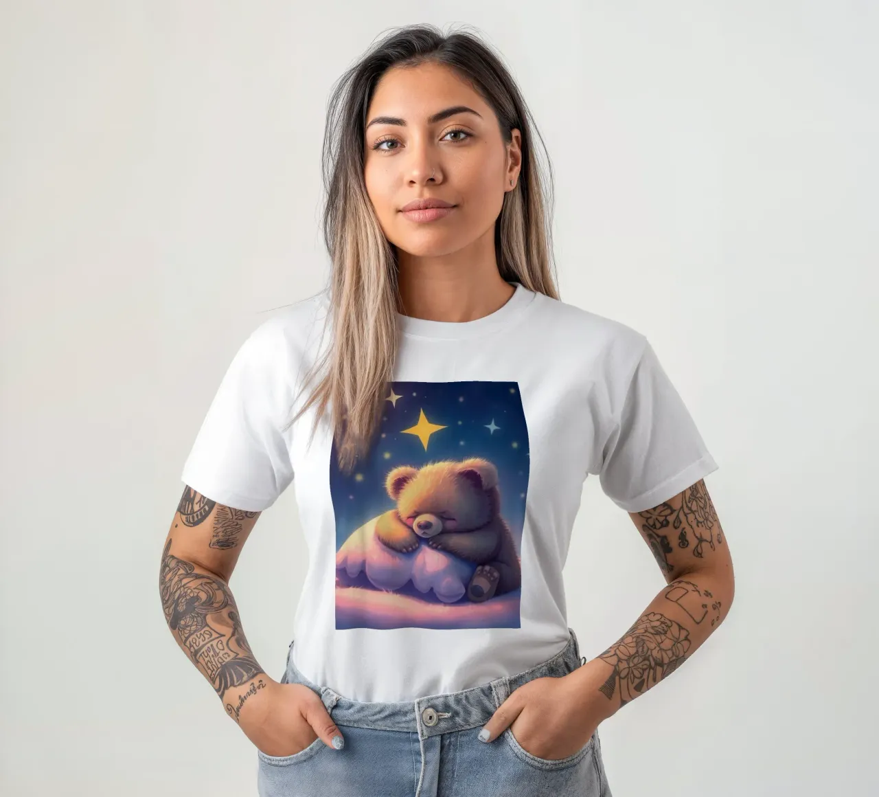 Schattig berenjong dat vredig slaapt op een donzig kussen t-shirt van DesignDoodle