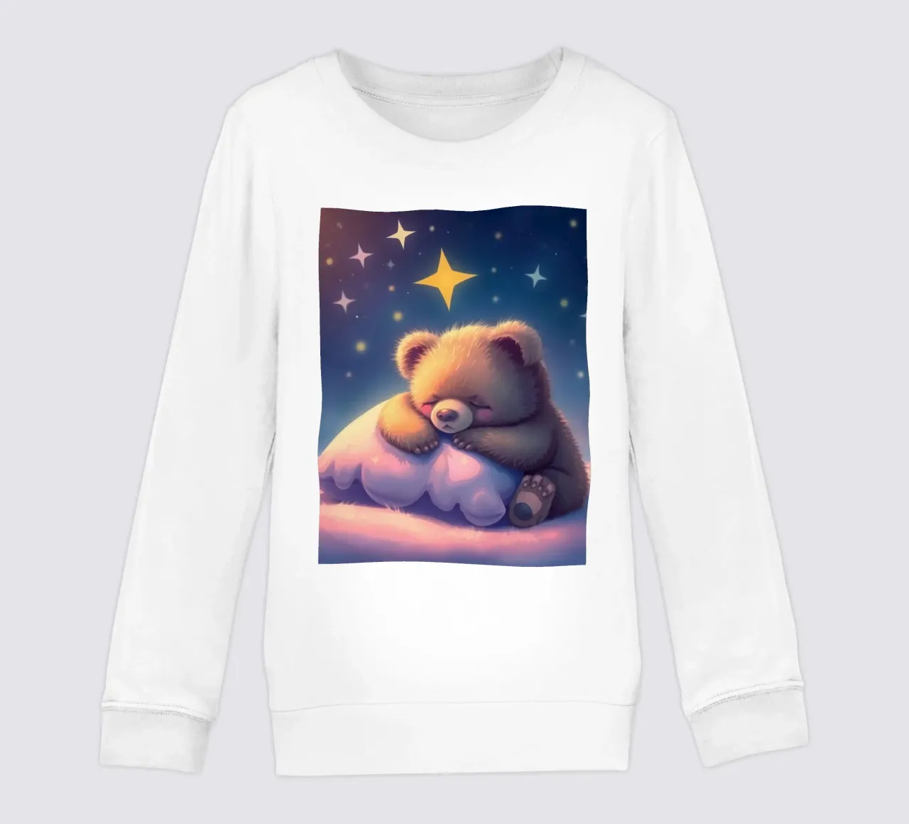 Cute bear cub sleeping peacefully on a fluffy pillow kids sweatshirt by DesignDoodle