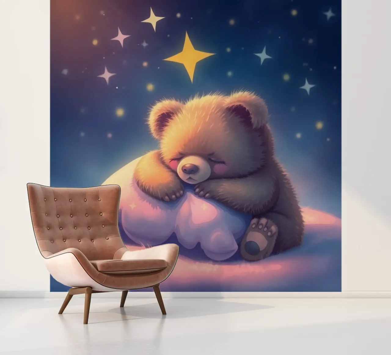 Cute bear cub sleeping peacefully on a fluffy pillow photo wallpaper by DesignDoodle
