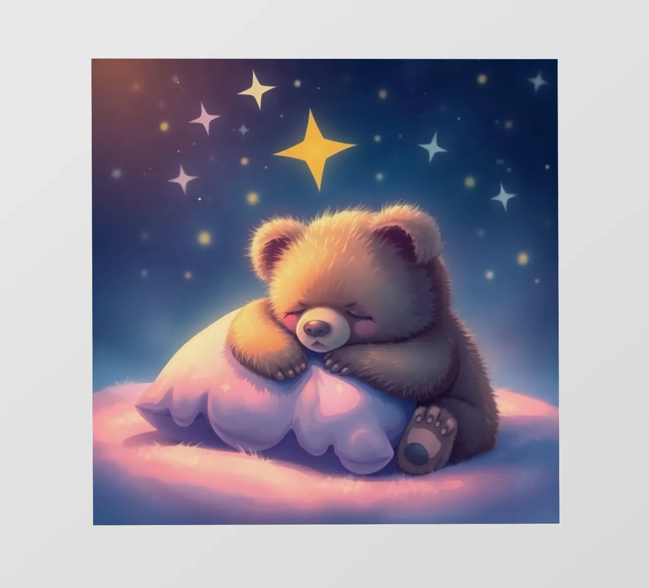 Cute bear cub sleeping peacefully on a fluffy pillow photo wallpaper by DesignDoodle