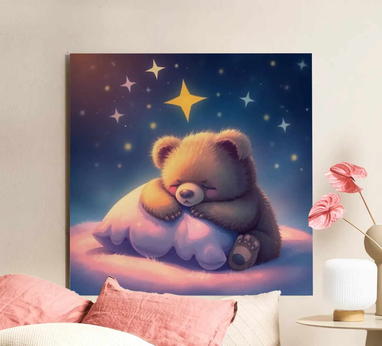 Carino il cucciolo d'orso che dorme pacificamente su un soffice cuscino alluminio dibond da DesignDoodle