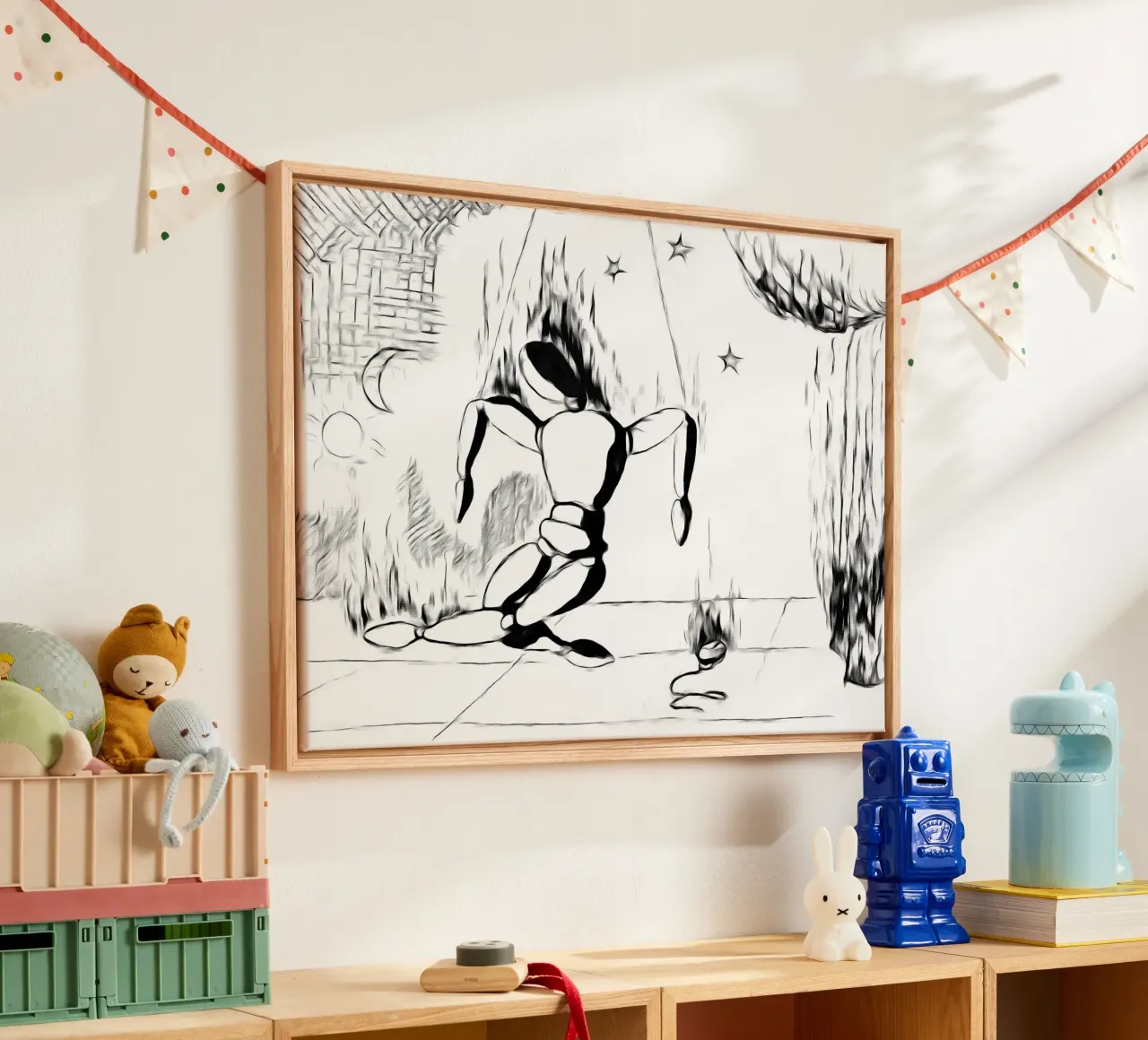 the death of the puppet and of time canvas with Floater frame by Massimo Frascogna