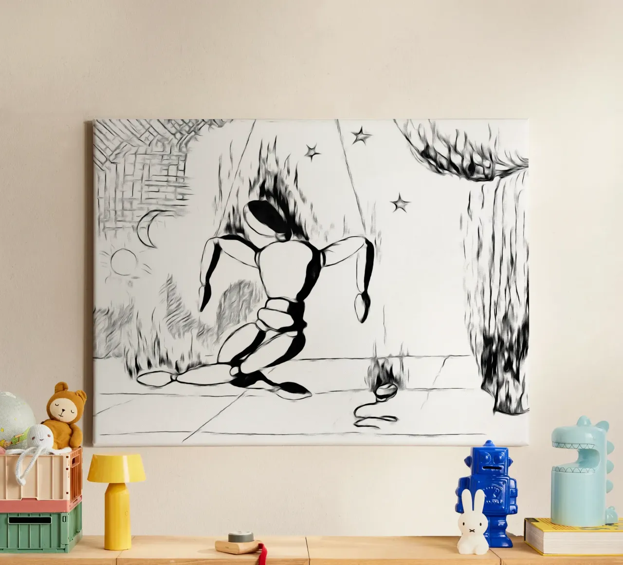the death of the puppet and of time canvas with Floater frame by Massimo Frascogna