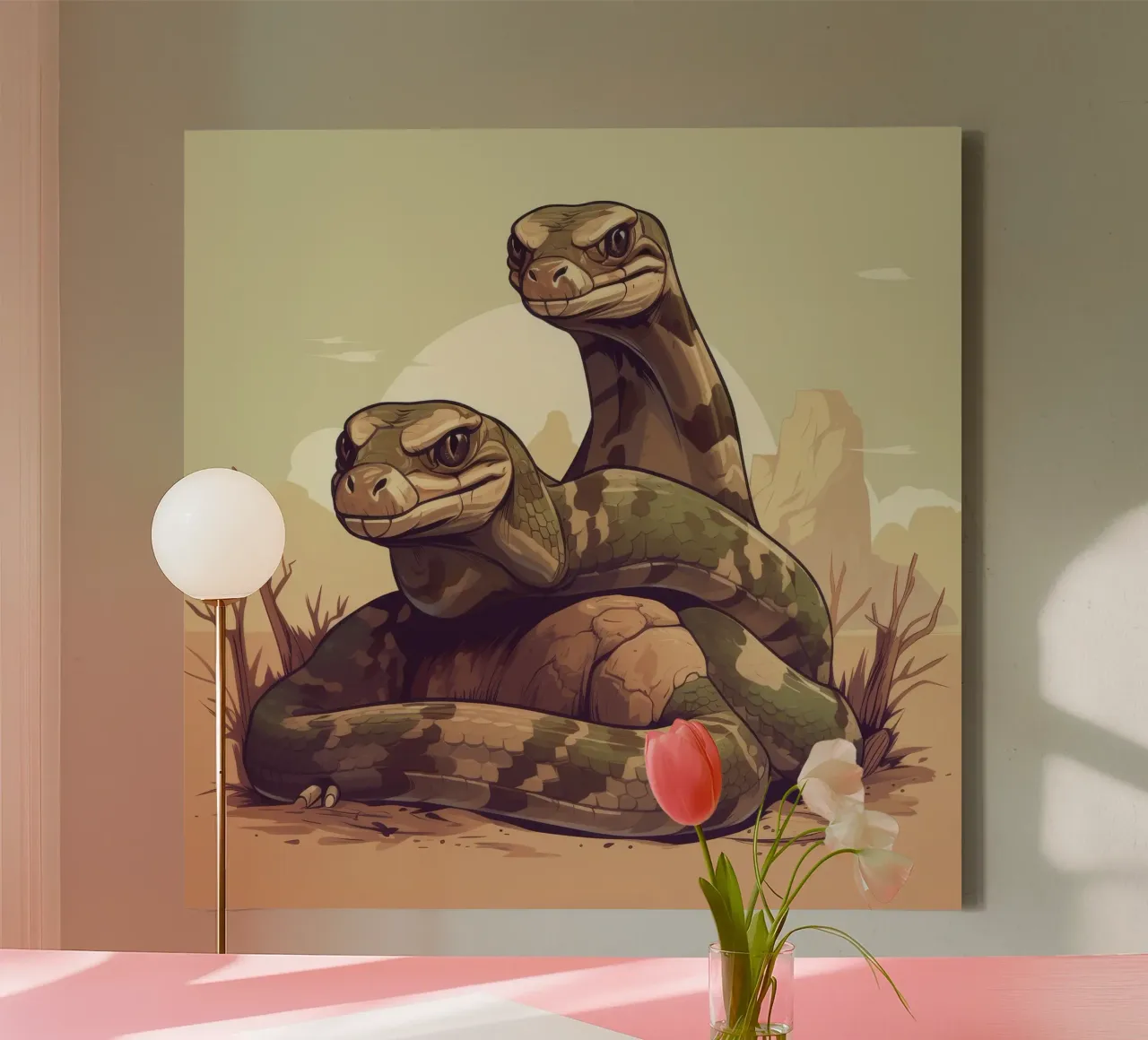 Retro Boa Constrictor Duo canvas met Baklijst van Funny Animals