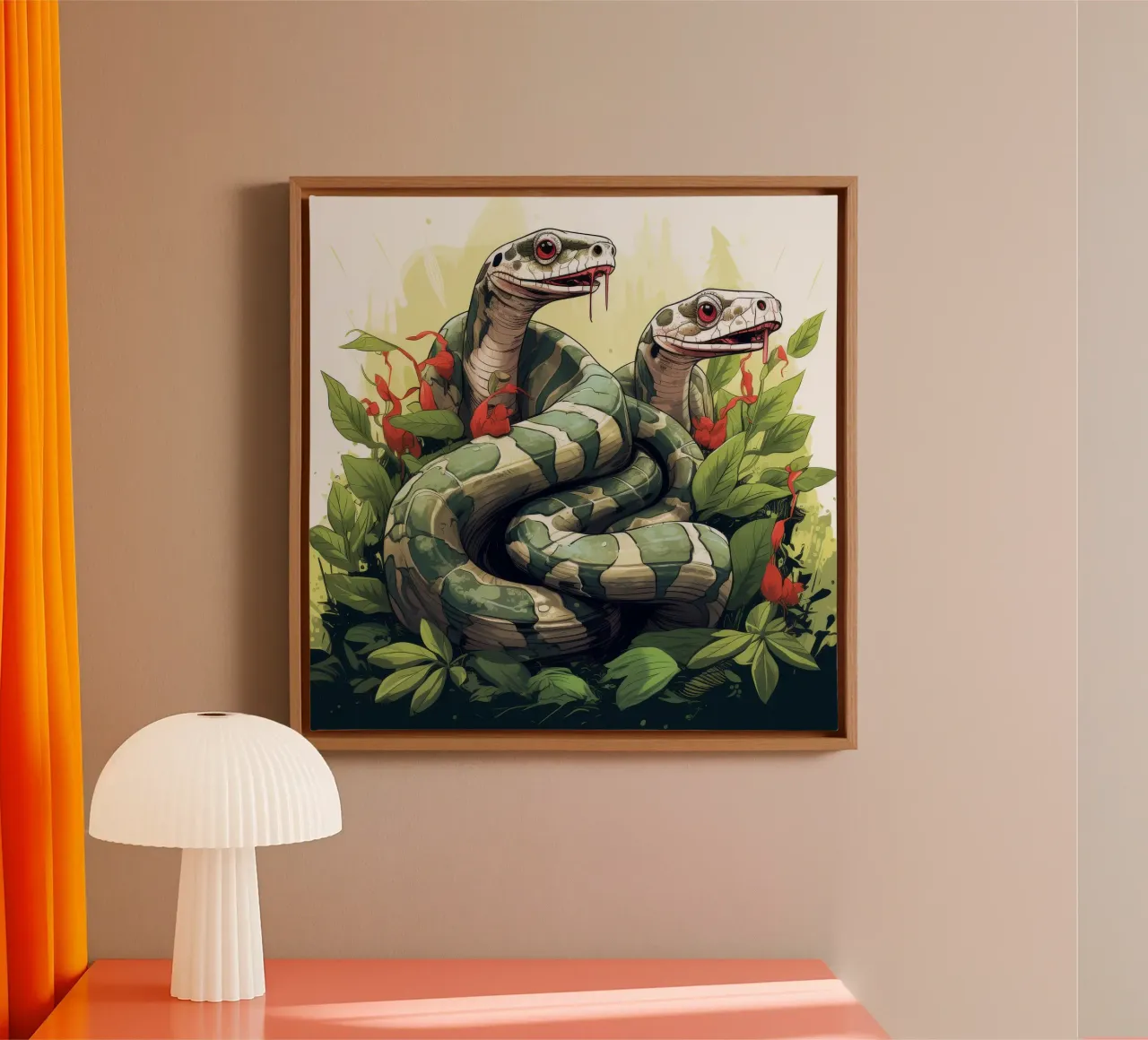 Retro Grappige Leuke Boa Constrictors Cartoons canvas met Baklijst van Funny Animals