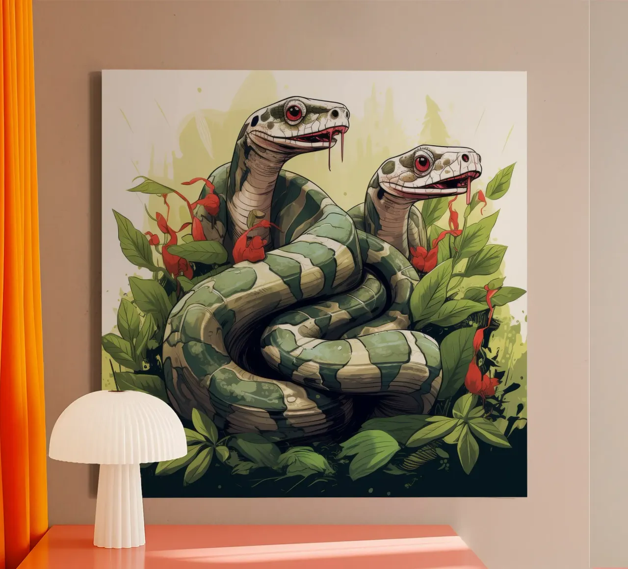 Retro Grappige Leuke Boa Constrictors Cartoons canvas met Baklijst van Funny Animals