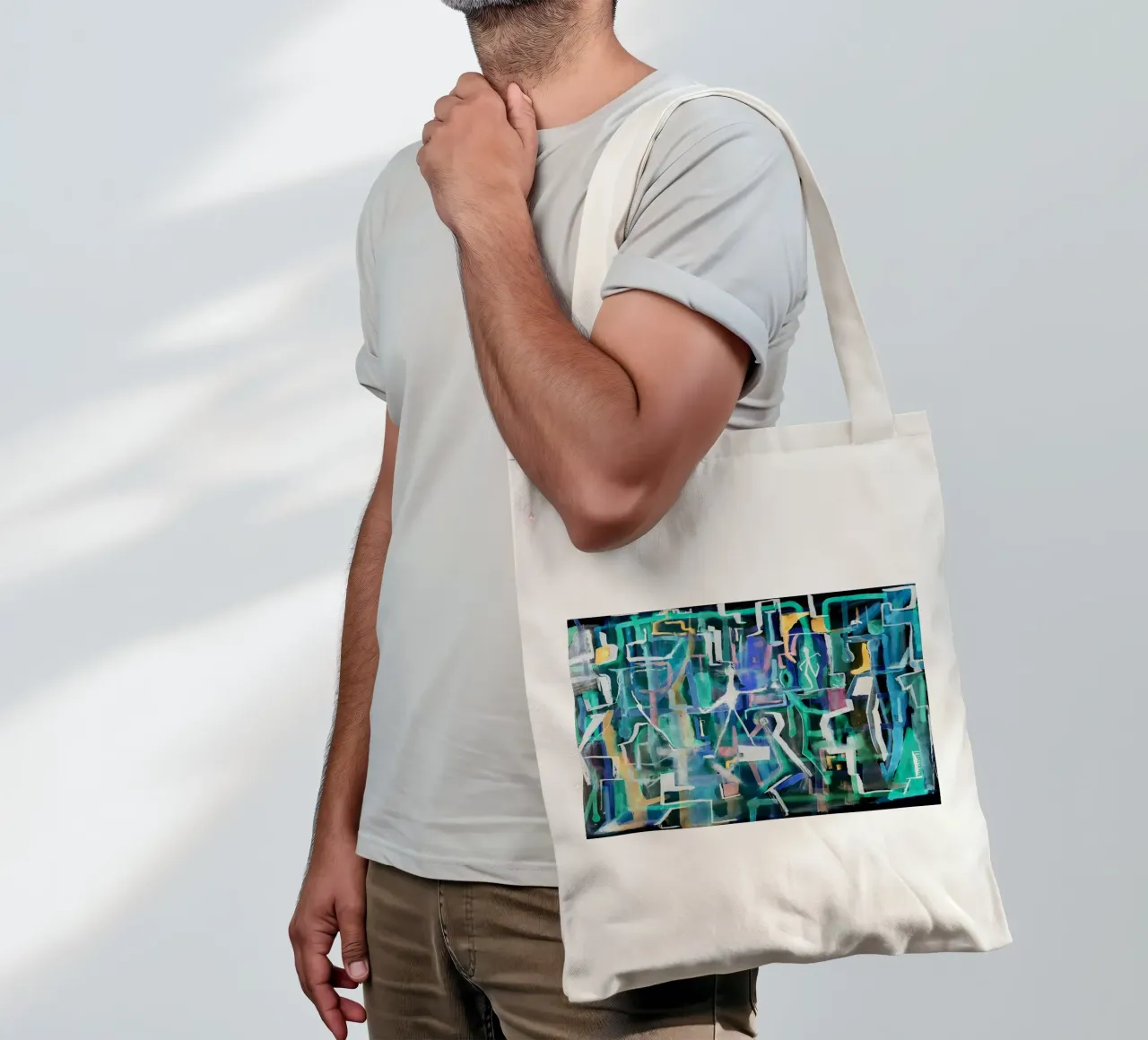 Watercolors on the black tote bag by Massimo Frascogna
