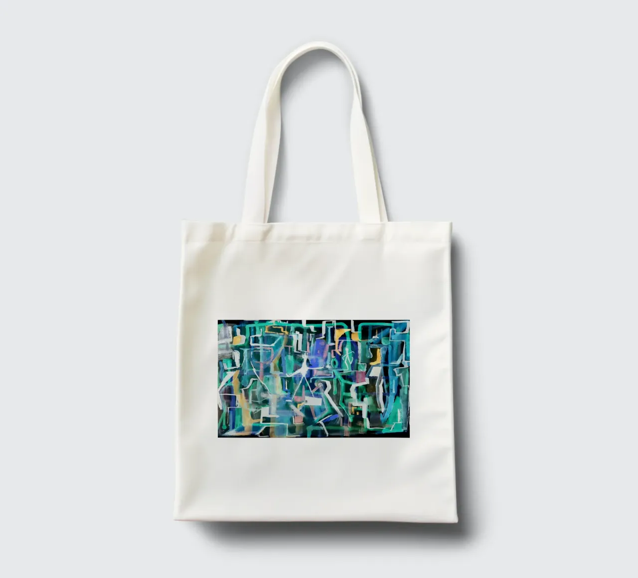 Watercolors on the black tote bag by Massimo Frascogna