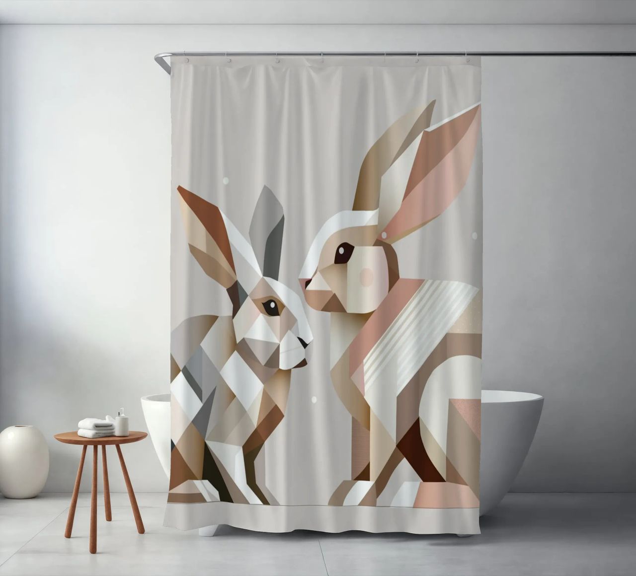 Two rabbits in geometric representation shower curtain by namosh