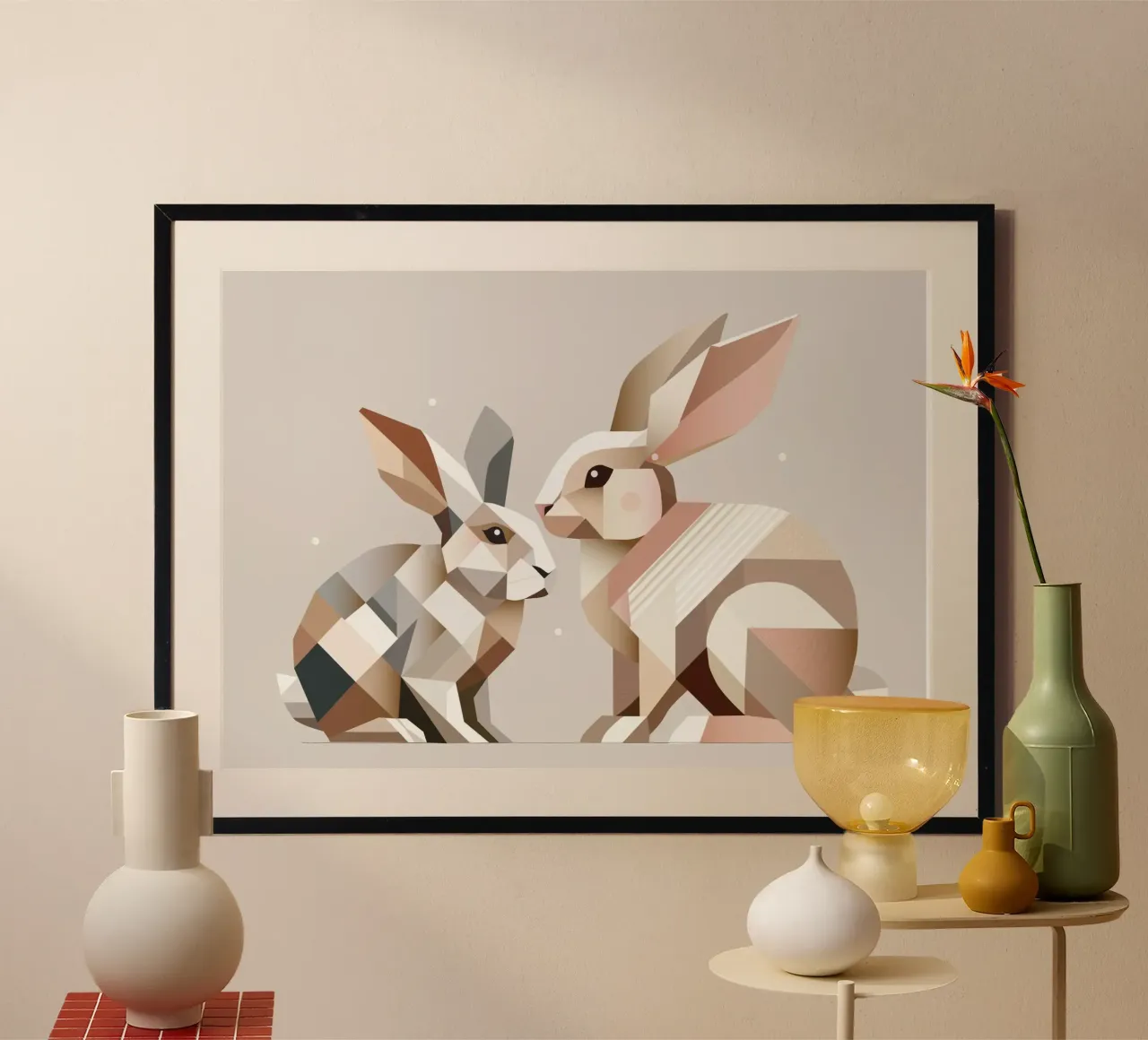 Zwei Hasen in geometrischer Darstellung Poster von namosh