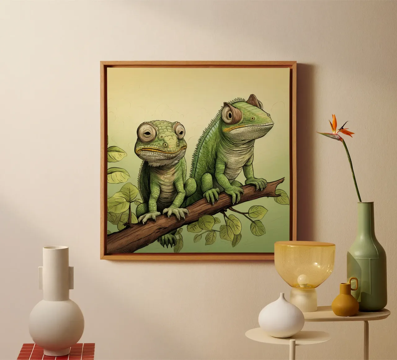 Retro Chameleon Duo canvas met Baklijst van Funny Animals